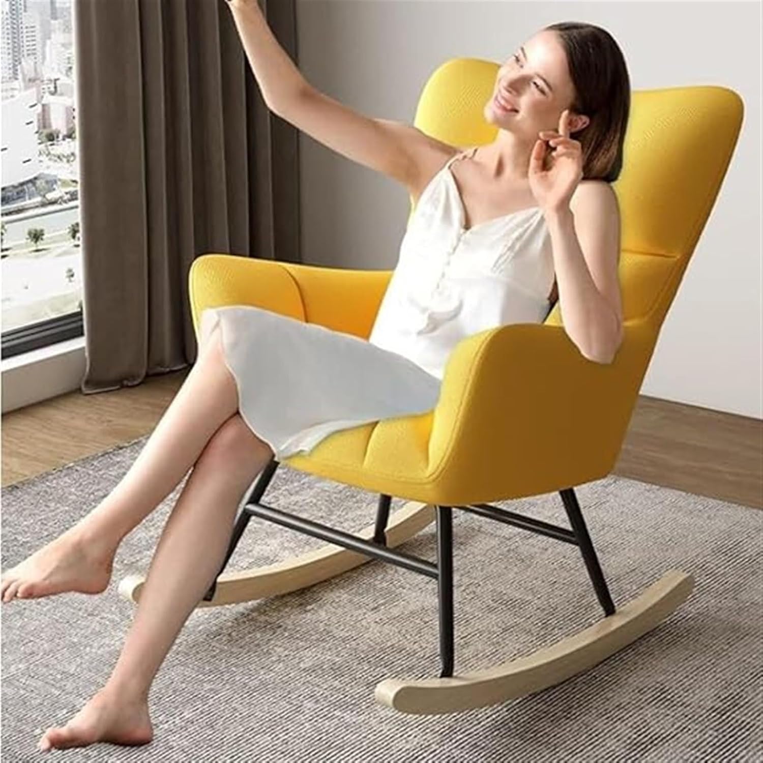High Back Velvet Rocking Chair with Footstool - Stylish Nursery Glider, Comfortable Upholstered Chair with Wood Legs - Modern Green Design for Living Room & Baby Room
