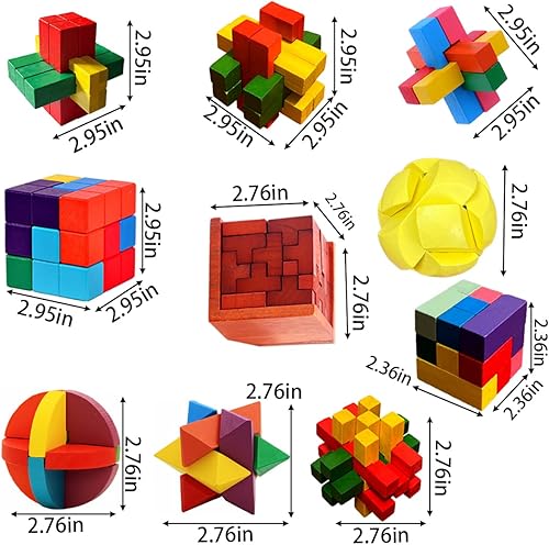 Miniatura 6 de Ahyuan - Rompecabezas de madera para el cerebro con caja de embalaje de regalo, rompecabezas mágico, juguetes para niños y adultos (madera colorida)