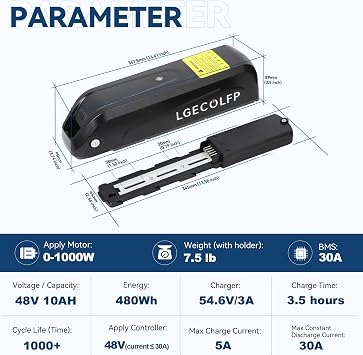36 V 48 V 52 V 10 Ah 15 Ah 20 Ah B attery Pack,Up to 1500 Cycles,5 PIN Base(48V10AH)