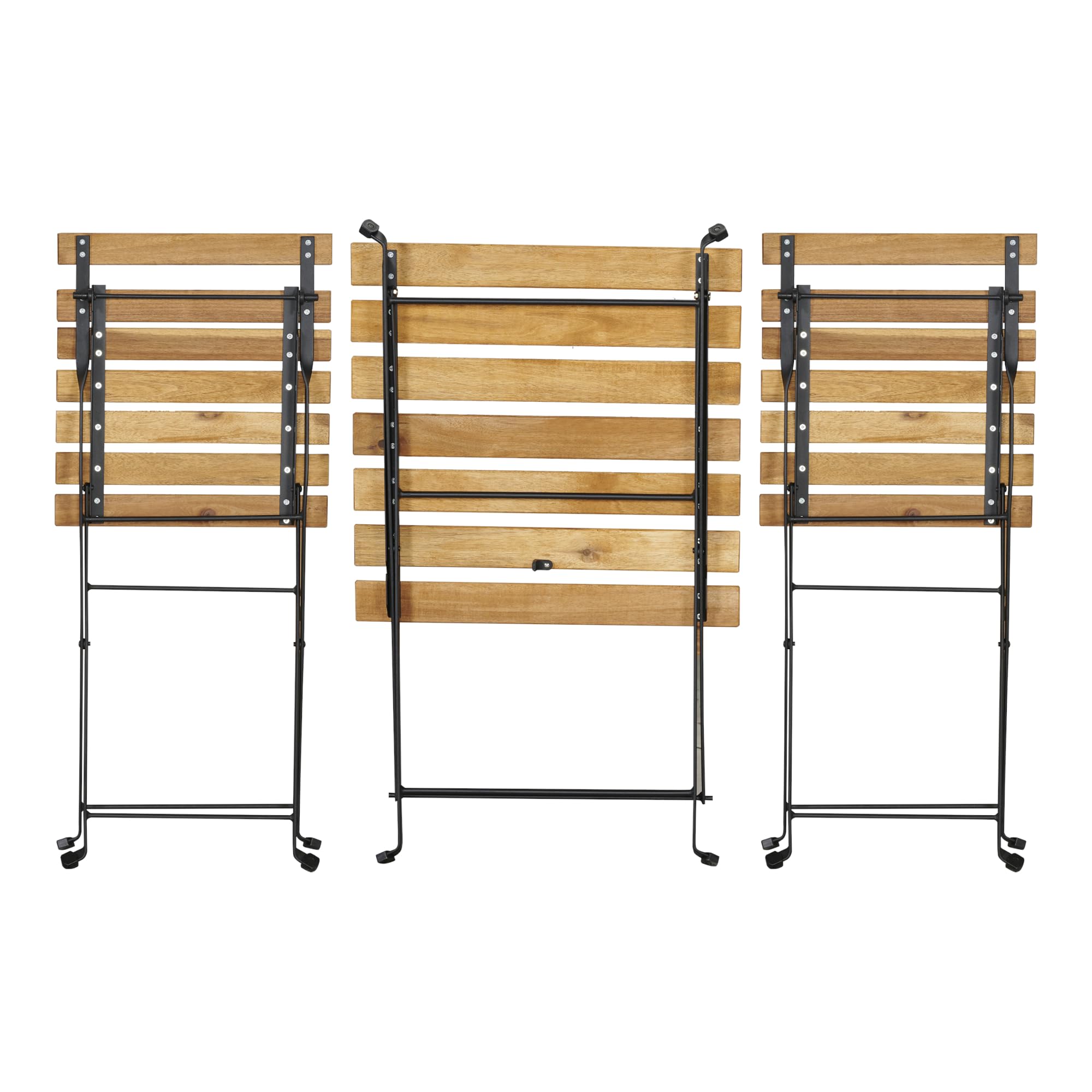 Set de Bistrot 3 Pièces Table et 2 Chaises Pliantes Meuble Jardin Balcon Patio Terrasse Acier Laqué Bois d'Acacia Noir Capacité 110 kg
