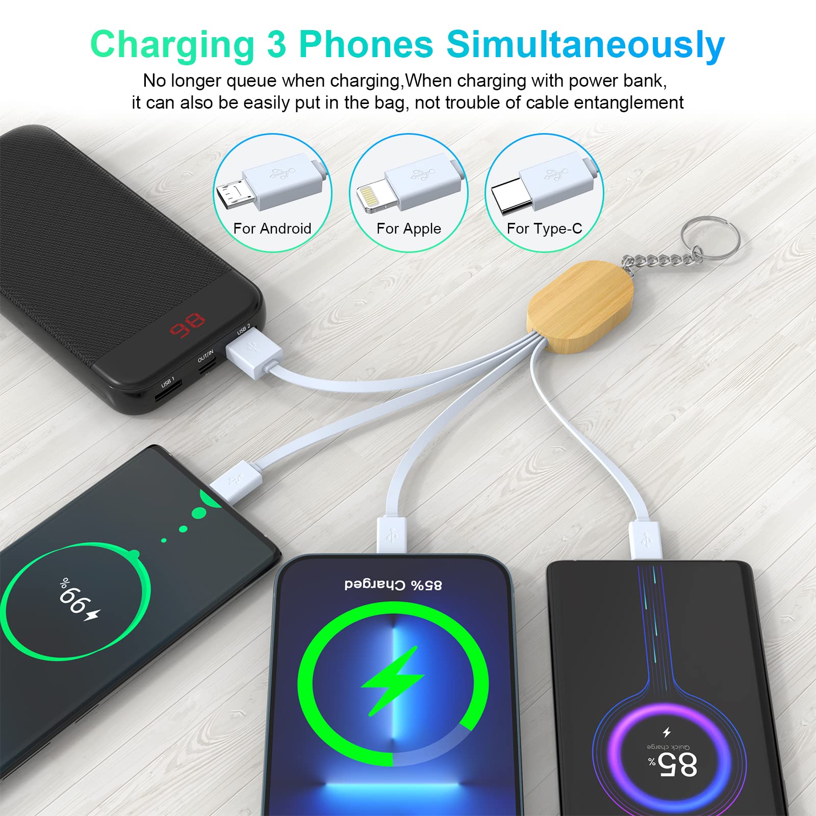 2 Pack Multi 4-IN-1 USB Universal Short Phone KeyChain Charger