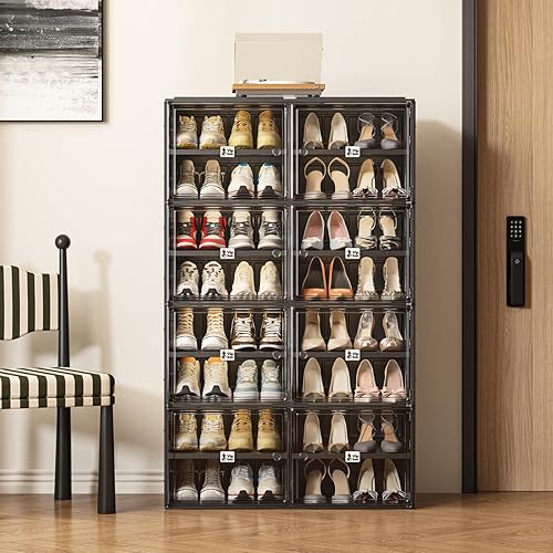 Miniatura 6 de Organizador de zapatos negro para entrada de armario, cajas de almacenamiento transparentes apilables para zapatos con puerta, fácil montaje