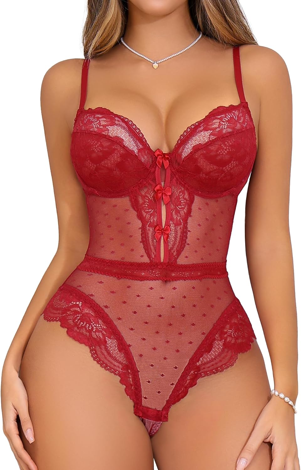 Women Sexy Lingerie Bodysuit Sheer Lace Deep V Neck Teddy Polka Dot Body Suits Mini Babydoll with Stockings