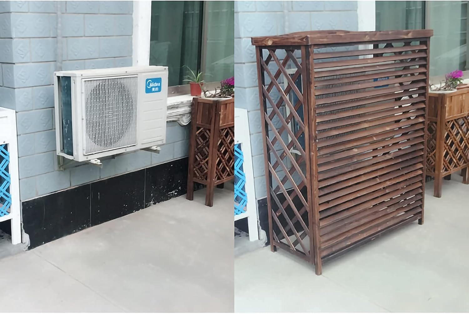 Air Conditioner Cover,Wooden air Conditioner Cover Outdoor Wooden Air Conditioner Rack, Grid Anti-Corrosion Wooden Air Conditioner Outer Cover Louvered, Solid Wood Air Conditioner Flower Stand