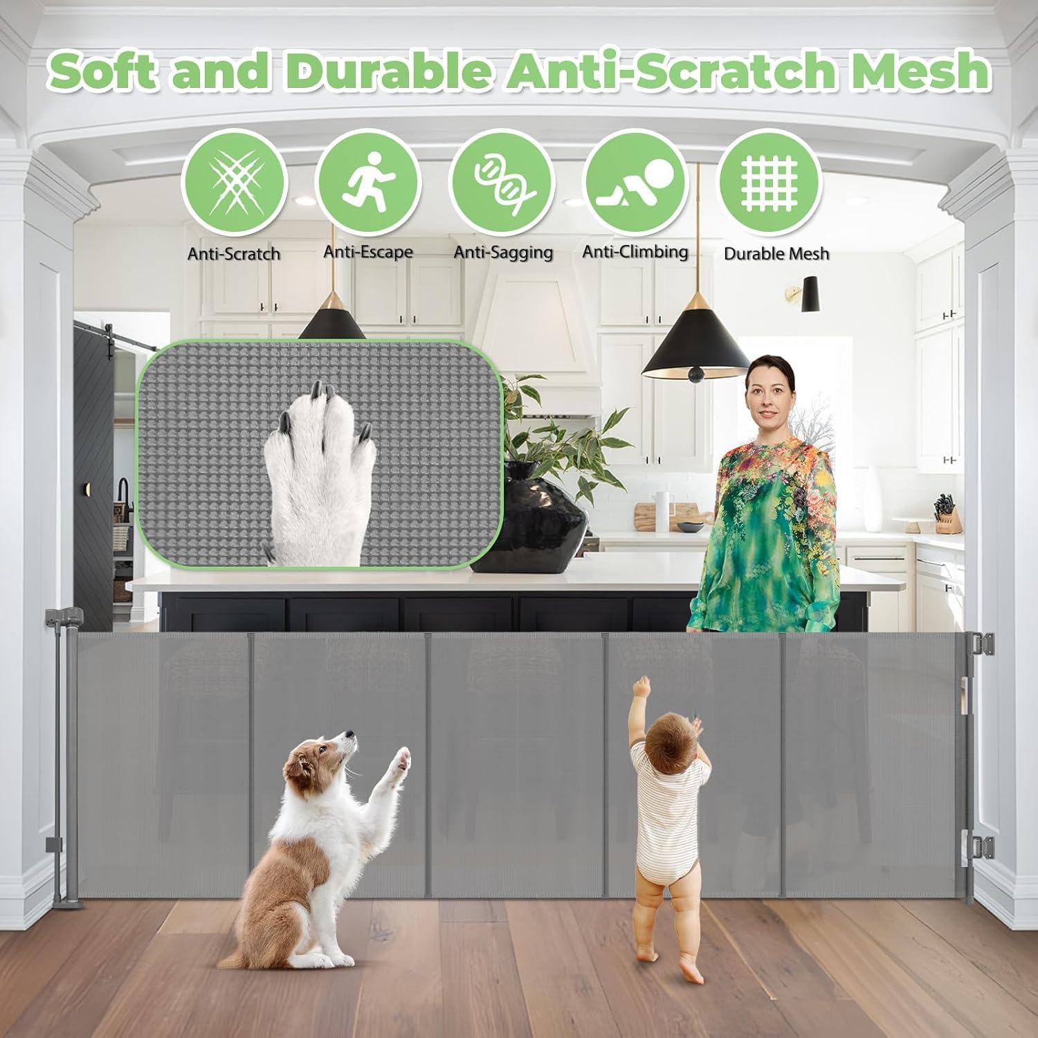Reinforced 120" Extra Wide Retractable Baby Gate with Support Rods – Prevent Crawling Under, 10 Foot Extra Long Dog Gate Large Baby Gate for Large Openings, Mesh Gate Retractable Pet Gate, Gray