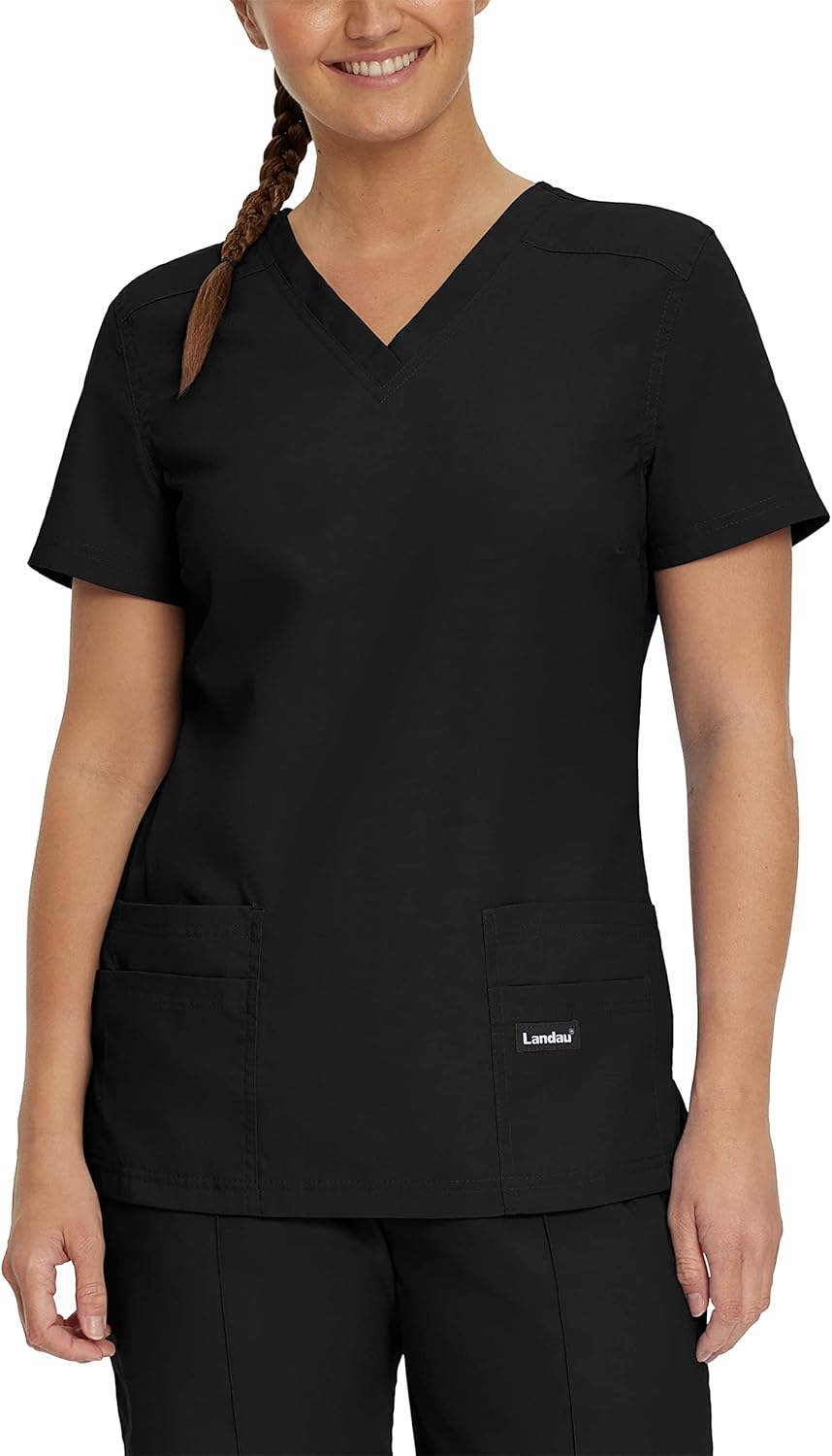 Landau Essentials Tailored Fit 4-Pocket V-Neck Scrub Top for Women 8111 Black