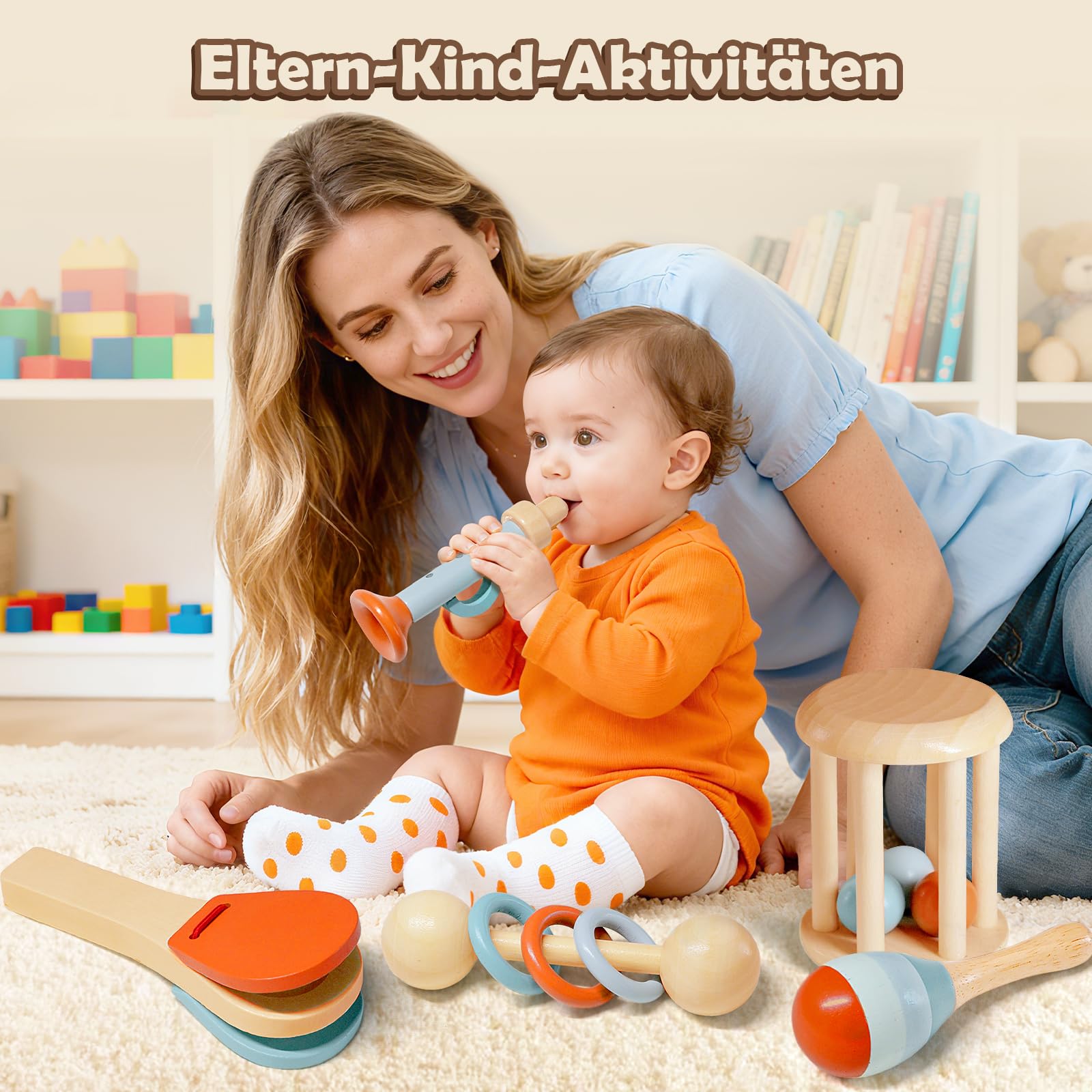 Teverellsax Giochi Neonato 3 6 9 Mesi, 5pc Sonaglio Neonato 3 6 9 Mesi, Giochi Montessori 6 Mesi, Strumenti Musicali Bambini Allenamento Sensoriale, RegaloNeonato Maschio Femmina