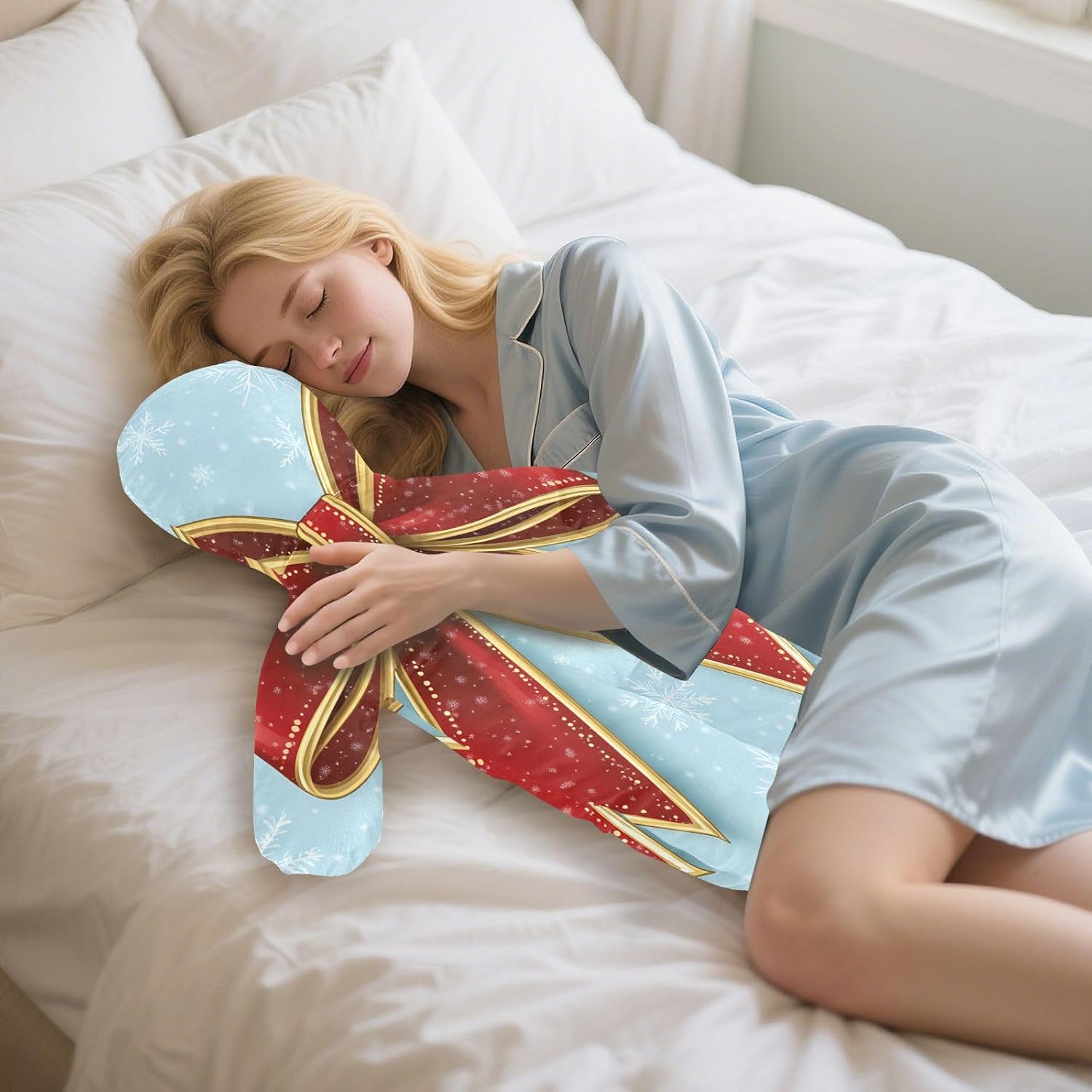 Red Bow with A Golden Ribbon Human-Shaped Pillow Soft Body Pillows Washable Velvet Pillows for Anxiety Relief Sleeping Cuddling & Support