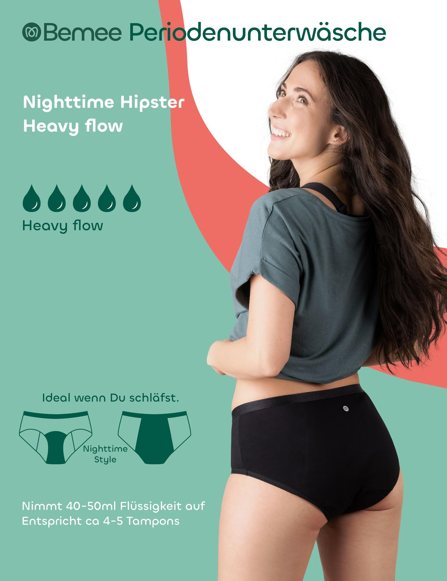 BeMee Nighttime Hipster Heavy Flow I Perioden-Unterwäsche für Starke Blutung I saugstarker & auslaufsicherer Hipster für die Nacht aus OekoTex zertifizierter Bambus-Viskose (schwarz,Größe XS bis XXL)