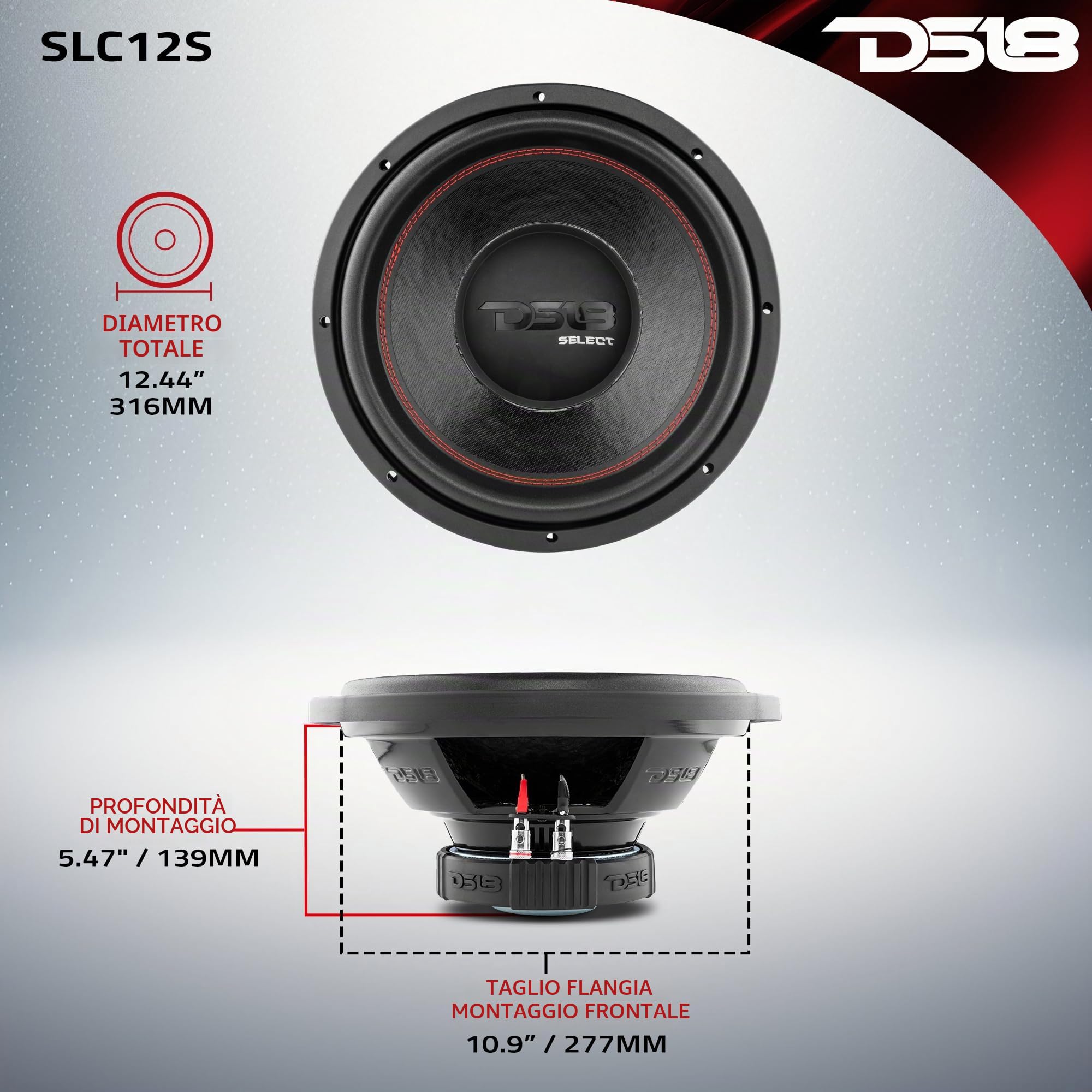DS18 SLC12S Select Series 12" Single Voice Coil 500 Watt Max Subwoofer, Set di 1