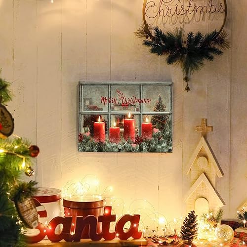 Miniatura 2 de NIKKY HOME Lienzo de Navidad con iluminación LED de 16 x 12 pulgadas, impresiones artísticas de velas iluminadas con bayas rojas, escena de ventana