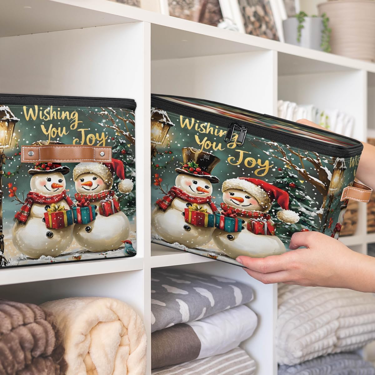 Storage Bin Set of 2 Winter Snowmen Storage Basket with Zipper Lid & Handle Foldable Closet Shelf 2 Pack Cloth Organizer Basket Cube Bins for Bedroom, Nursery