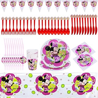 Minnie zestaw na przyjęcie urodzinowe, BESTZY Minnie zastawa stołowa wielokrotnego użytku na przyjęcie zawiera talerze, słomę, kubki, serwetki, łyżki, widelce, noże, obrusy i banery