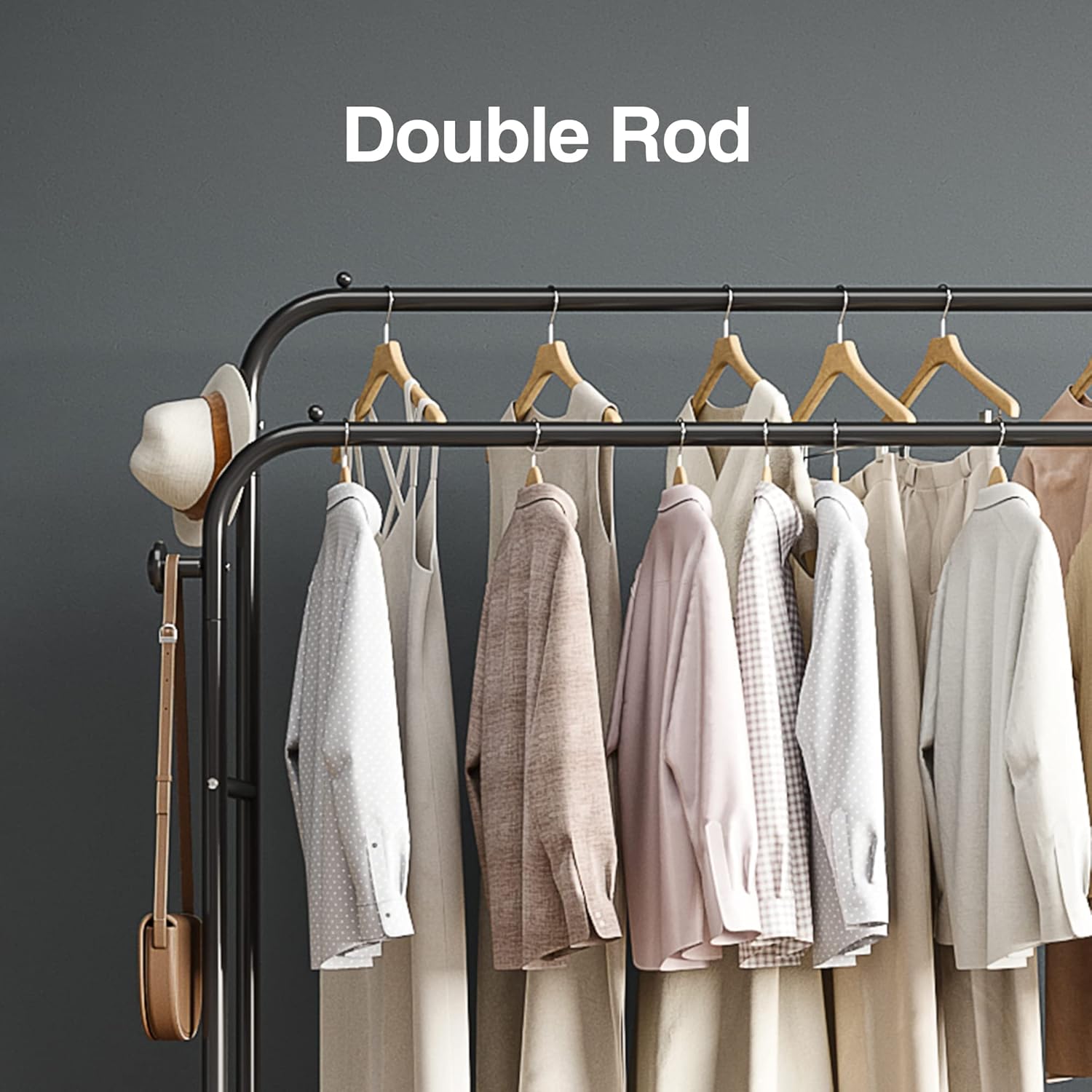 JOISCOPE Double Rods Portable Garment Rack for Hanging clothes, 43.5 * 66.5 Inch Metal Clothing Rack with Bottom Shelves and 4 Hooks,Freestanding Clothes Rack for Bedroom,Space Saving, Black