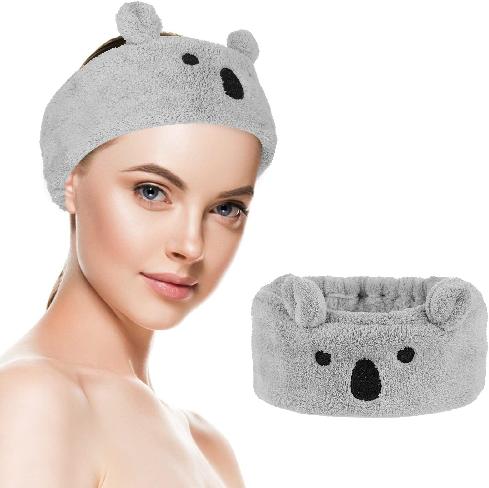 WLLHYF Cute Spa Facial Headband Coral Fleece Makeup Animal Headbands for Washing Face Kawaii Soft Non-Slip Cosmetic Facial Hair Band for Women Girl (Gray)