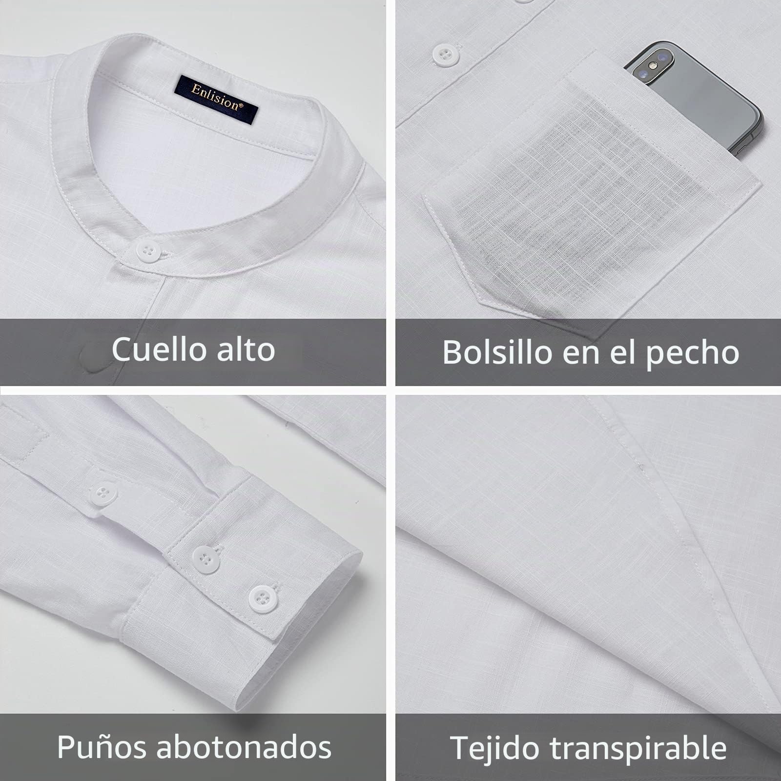 Enlision Camisa de Lino Manga Larga para Hombre Camisas Informales de Verano Camisa Suelta de Ocio de Color Sólido con Botónes Top con Bolsillo
