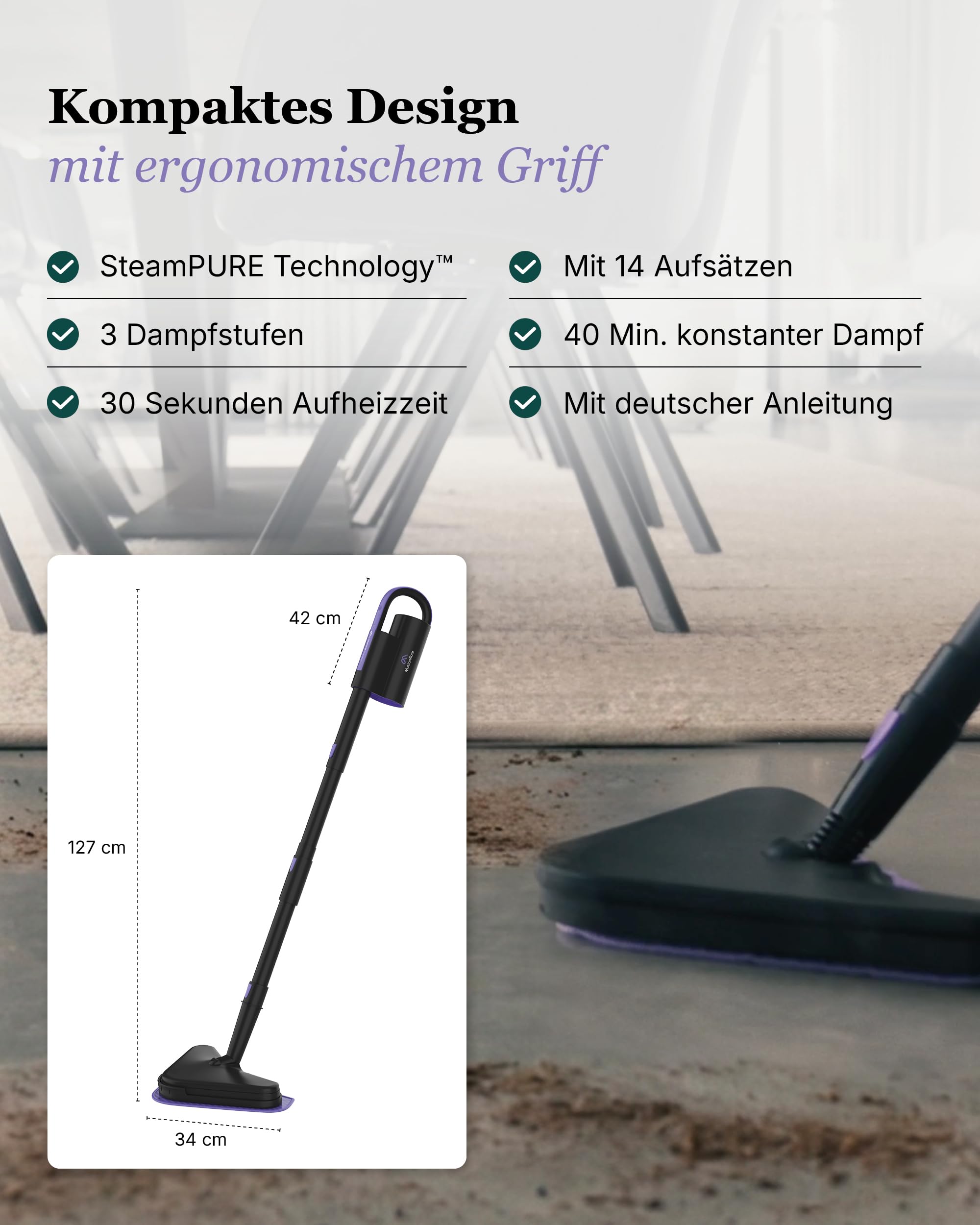Motionflow Dampfreiniger für alles – 16-in-1 Hochdruck Steam Cleaner für Polstermöbel, Teppiche, Bad & Küche – Dampfbürste mit 13 Aufsätzen, 20 Min Laufzeit, 30s Aufheizzeit, 120°C Dampf