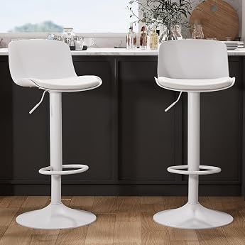 Kidol & Shellder Bar Stools Set of 2 White Height-Adjustable Bar Stools with Backrest Rotating Bar Chairs Kitchen Stools for Kitchen and Counter