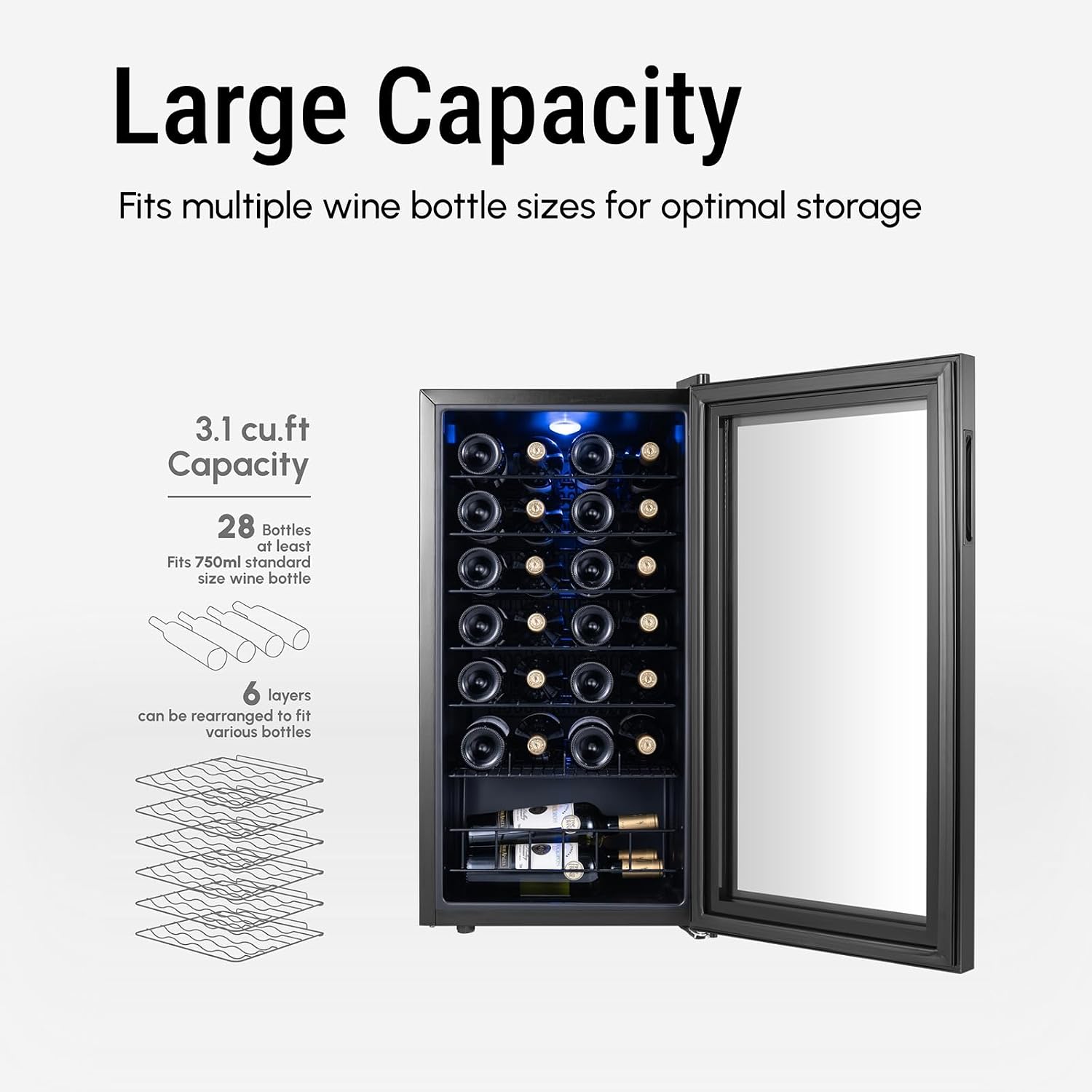 Yeego 28 Bottle Wine Fridge, Freestanding Compressor Wine Cooler Refrigerator, Wine Cellar with 38-65℉ Digital Temperature Control & Double-layer Glass Door for Red and White, Champagne, Black