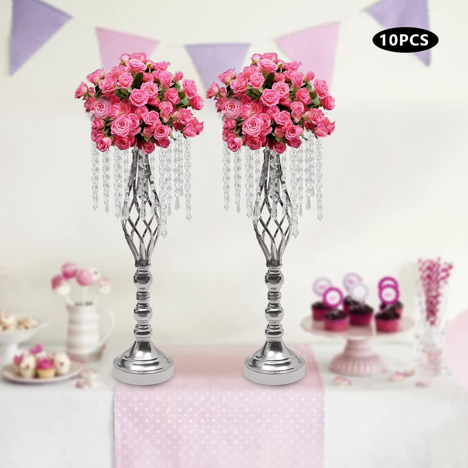 Wedding Centerpiece Table Decorations Crystal Flower Stand 21.7in/55cm Tall Flower Arrangement Stand Metal Flower Vase for Wedding Party Dinner Event Hotel Home Decor, 10 Pcs (Silver)