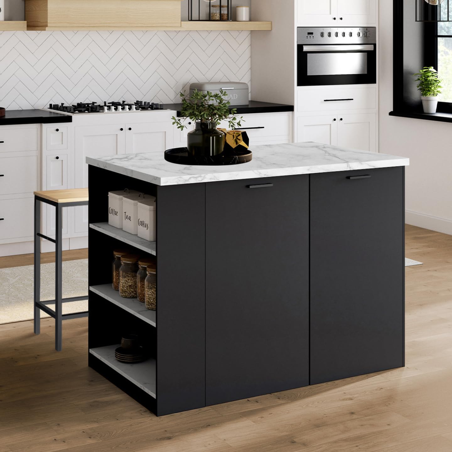 IDMarket - Ilot Central TIBO 120 cm Bois Noir avec Plan de Travail Effet marbre Alaska