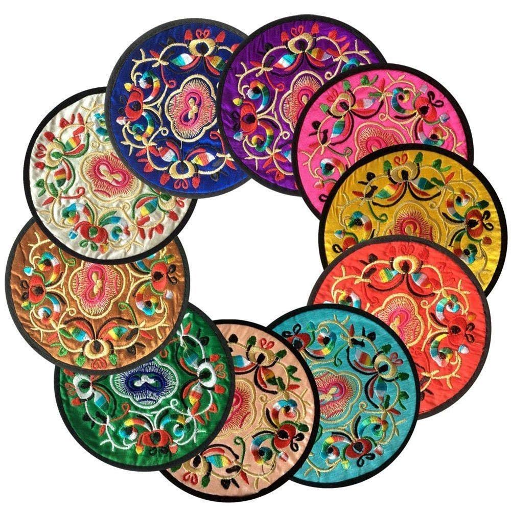 Uteruik Round Coasters for Drinks Placemats Set Chinese Embroidery Large Glass Cup Place Mats Pad Novelty For Tea Coffee, 4 pcs