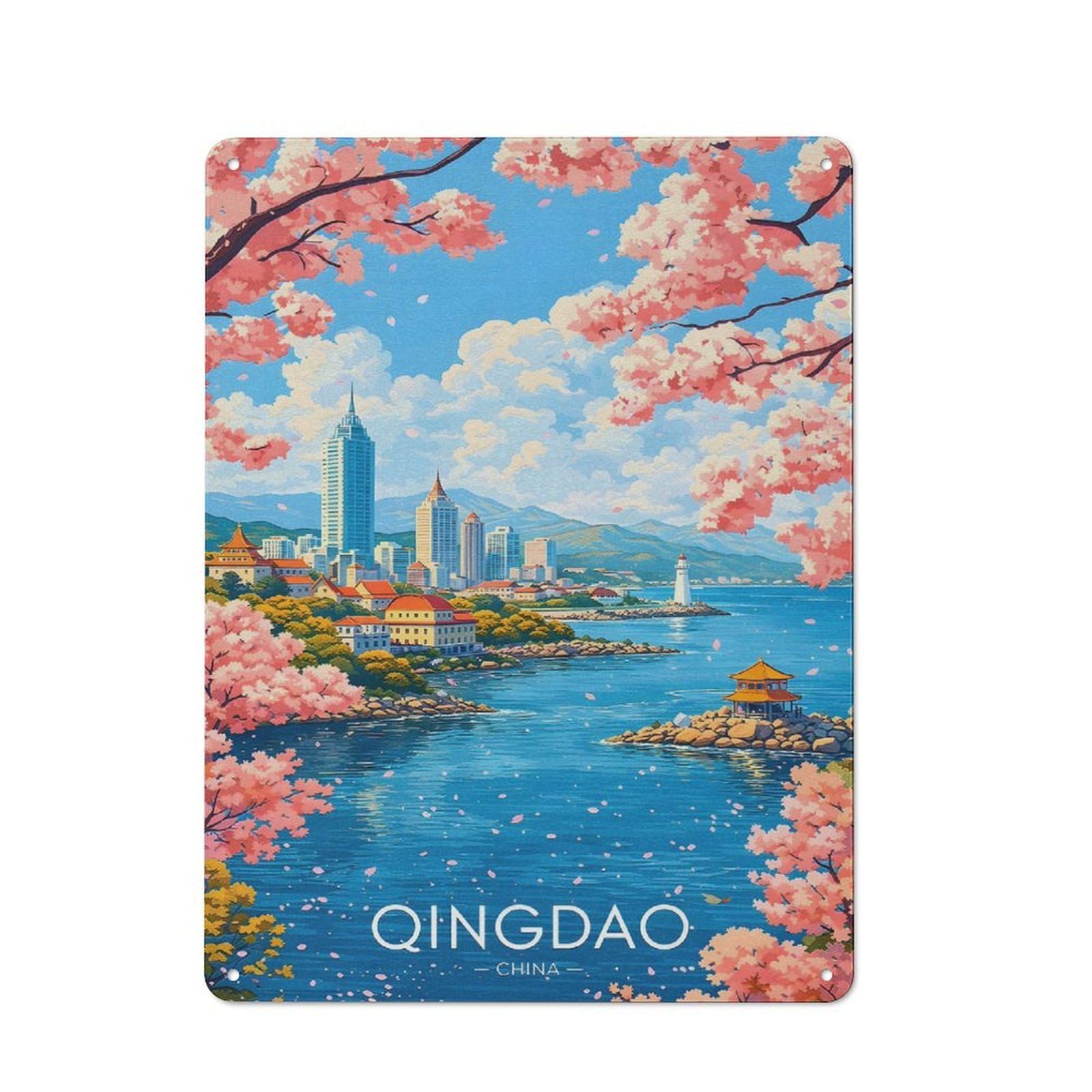 Junmoney Style-8 For Café Or Home Bar, Qingdao Cityscape With Cherry Blossoms Retro Metal Plaque 40X30cm, A Winter Wall Decor Update For Café-Style Decor Fans