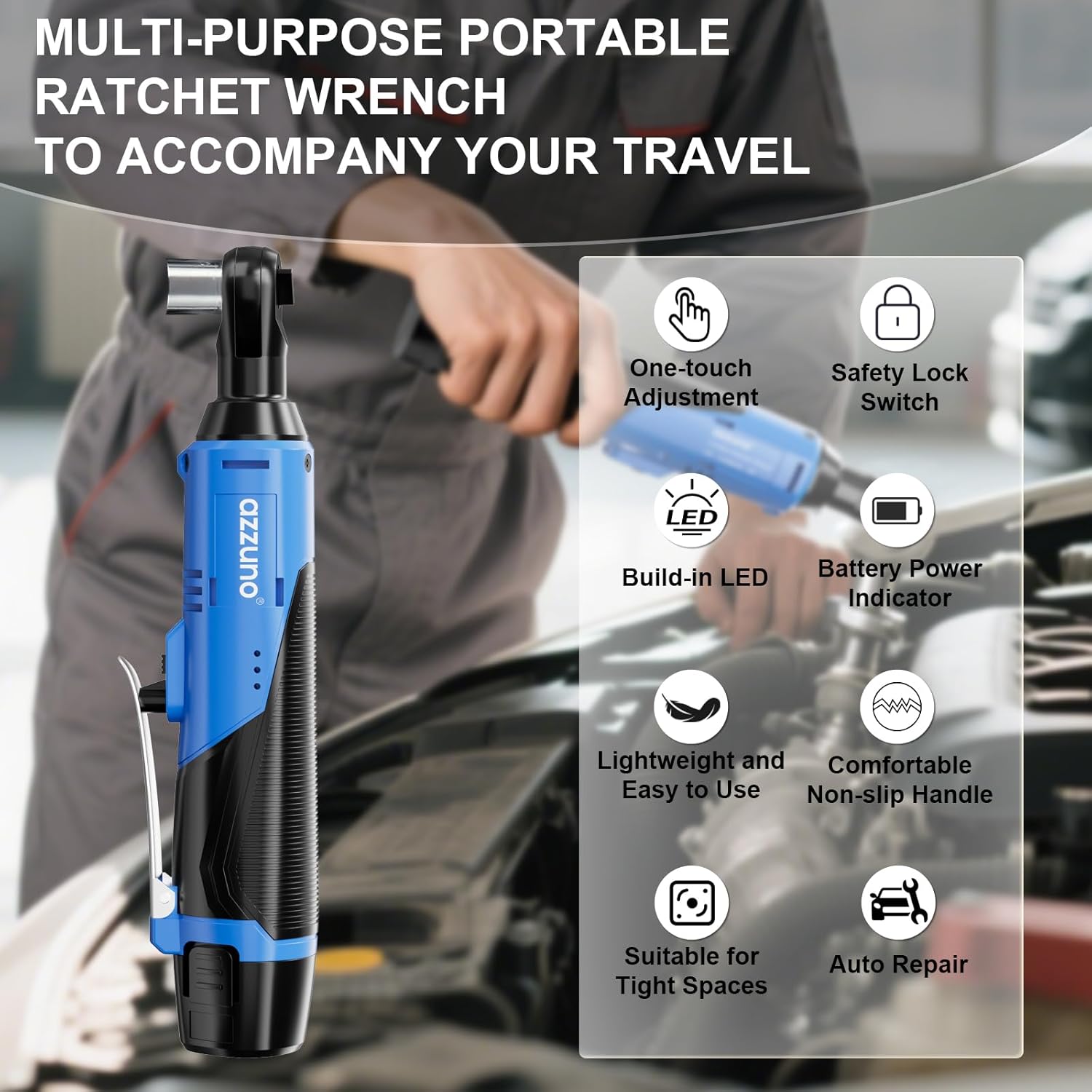 AZZUNO 3/8" Electric Ratchet Wrench Set 30 Ft-lbs and Max 1000N.m Cordless Impact Wrench