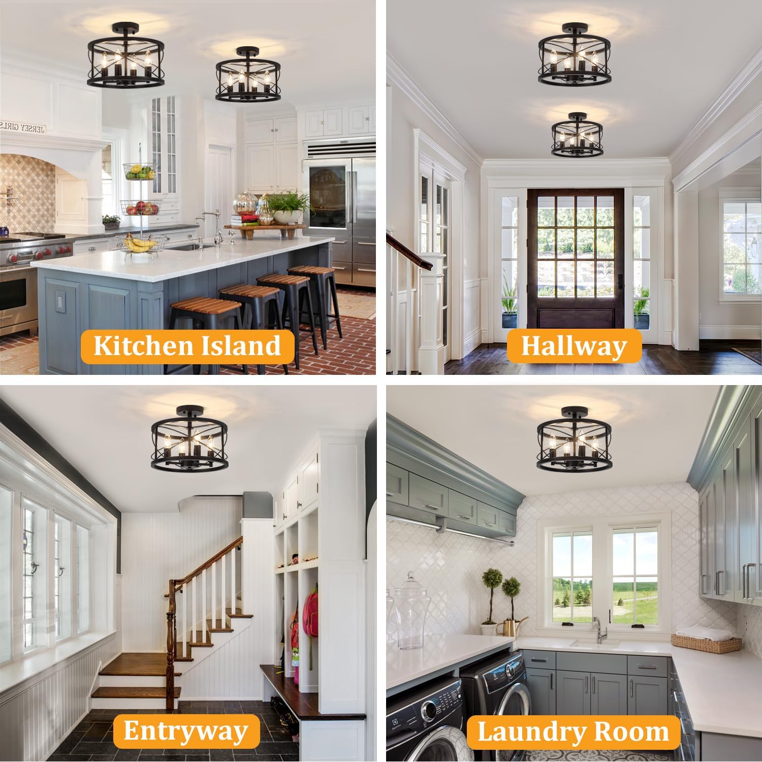 TOULMJ 4-Light Black Semi Flush Mount Ceiling Light, Farmhouse Modern Light Fixture, Hallway Light Fixtures Close to Ceiling Lighting Fixture for Kitchen Island Entryway Laundry Dining Room