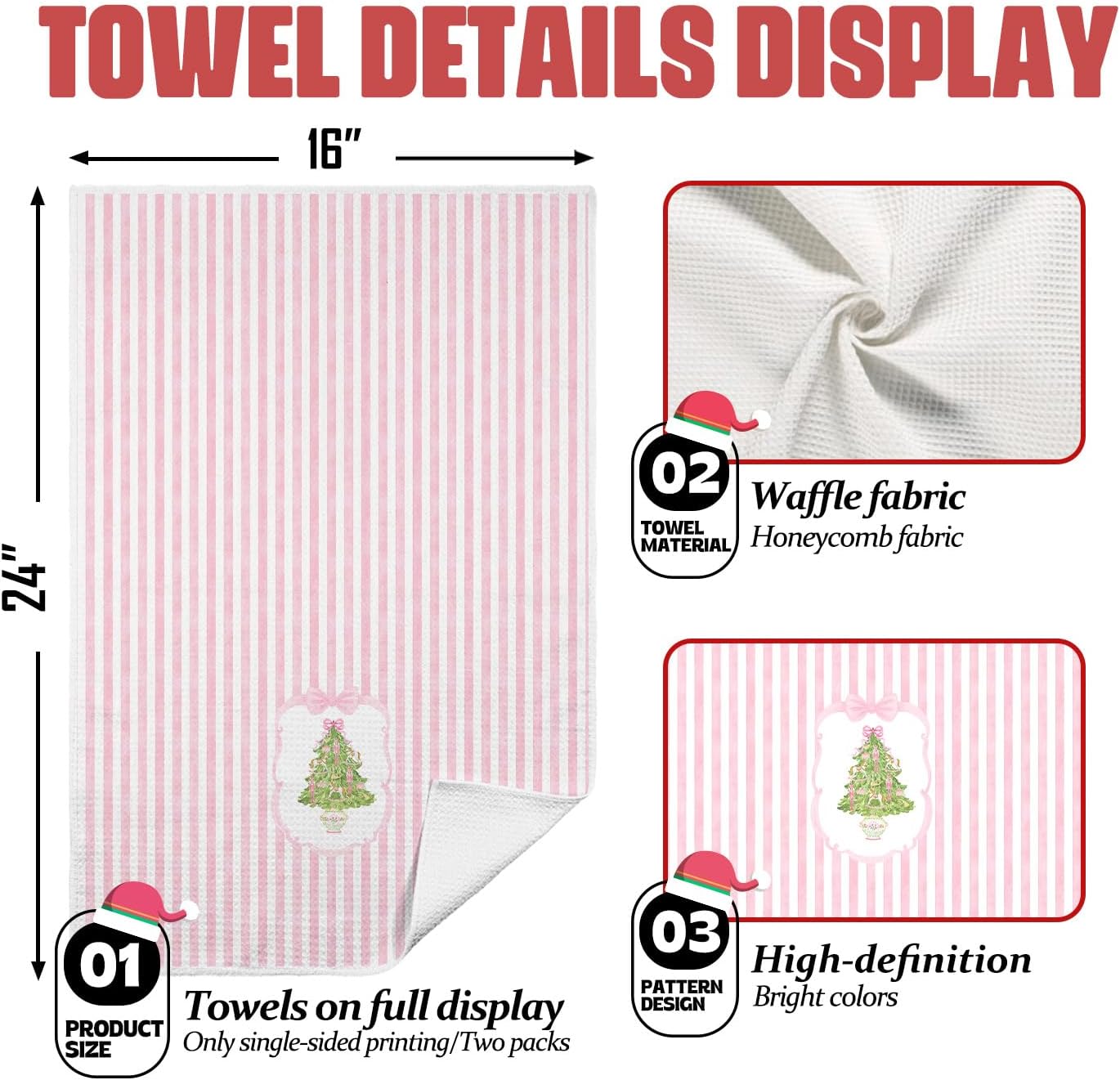 XUISWELL905 Pink Chinoiserie Nutcracker Christmas Tree Bow Plaid Coquette Kitchen Dish Tea Hand Towels Decor for Bathroom, 16x24 Inches Set of 2 - Image 2