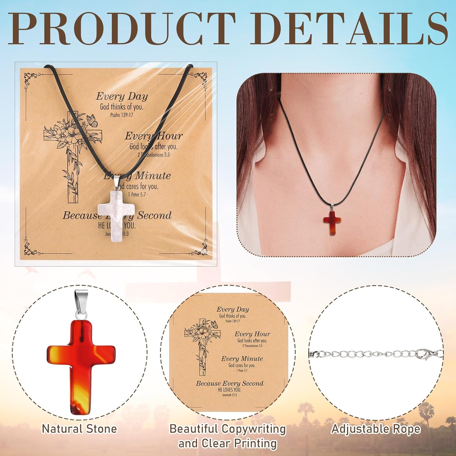 Christian Cross Charms for Jewelry Making Natural Stone Cross Gemstone Pendant Quartz Crystal Charm with Leather Chain and Card for DIY Necklace Earring Bracelet Gifts