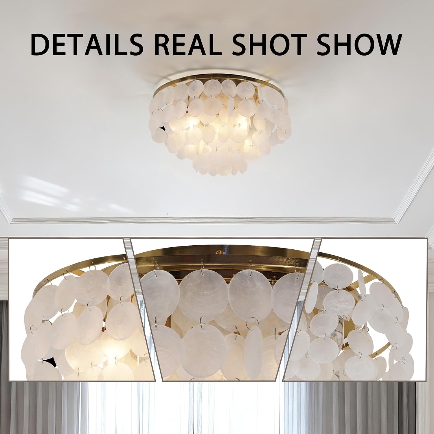 Fandian Capiz Shell Ceiling Light Fixture Modern Semi Flush Mount Close to Ceiling Lights 15.7 Inch Gold Chandelier for Entryway Bedroom Seashell Coastal