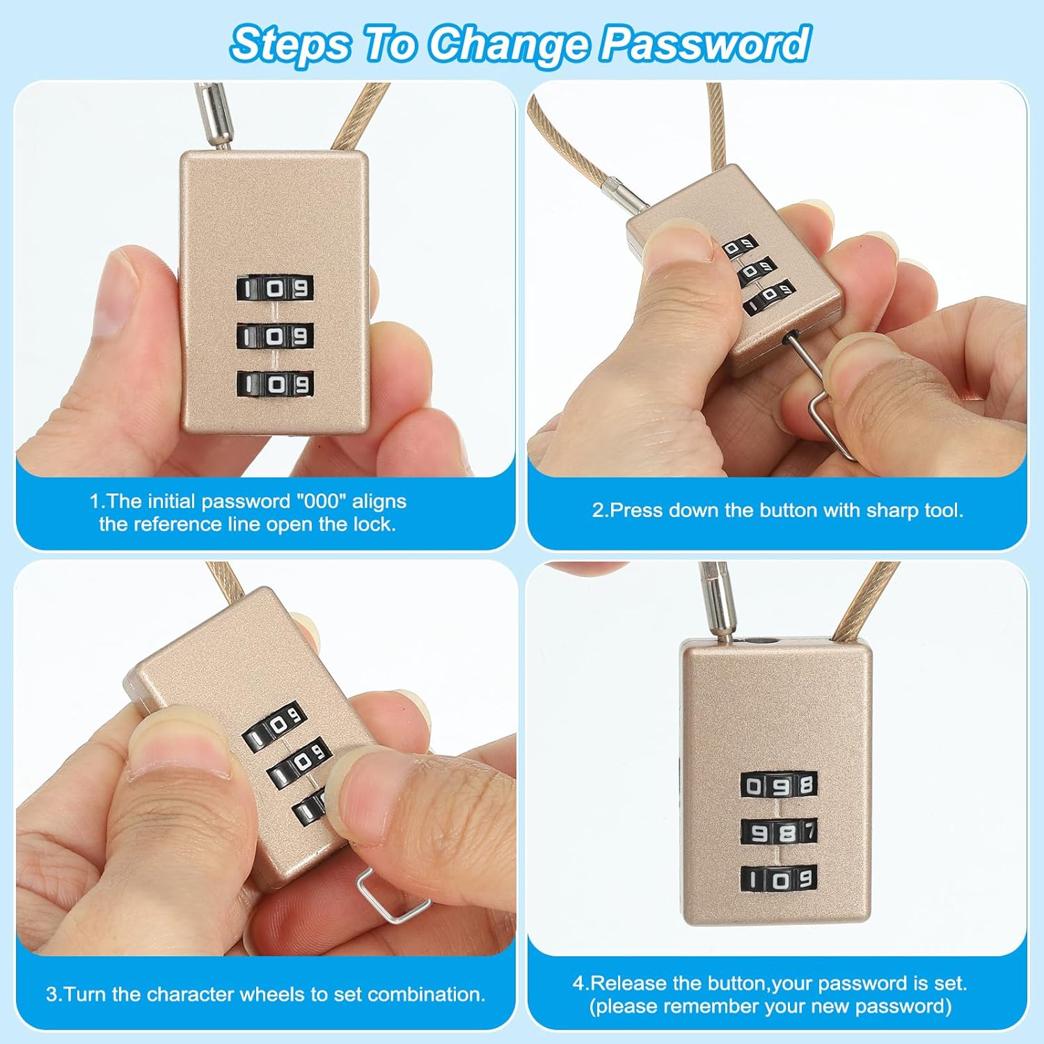 PATIKIL 2 Pack 3 Digit Combination Lock, Helmet Padlock Cable Lock Gym Locker Lock with 0.44Ft Flexible Security Steel Lock Wire for Bike Locker Travel Luggage, Gold