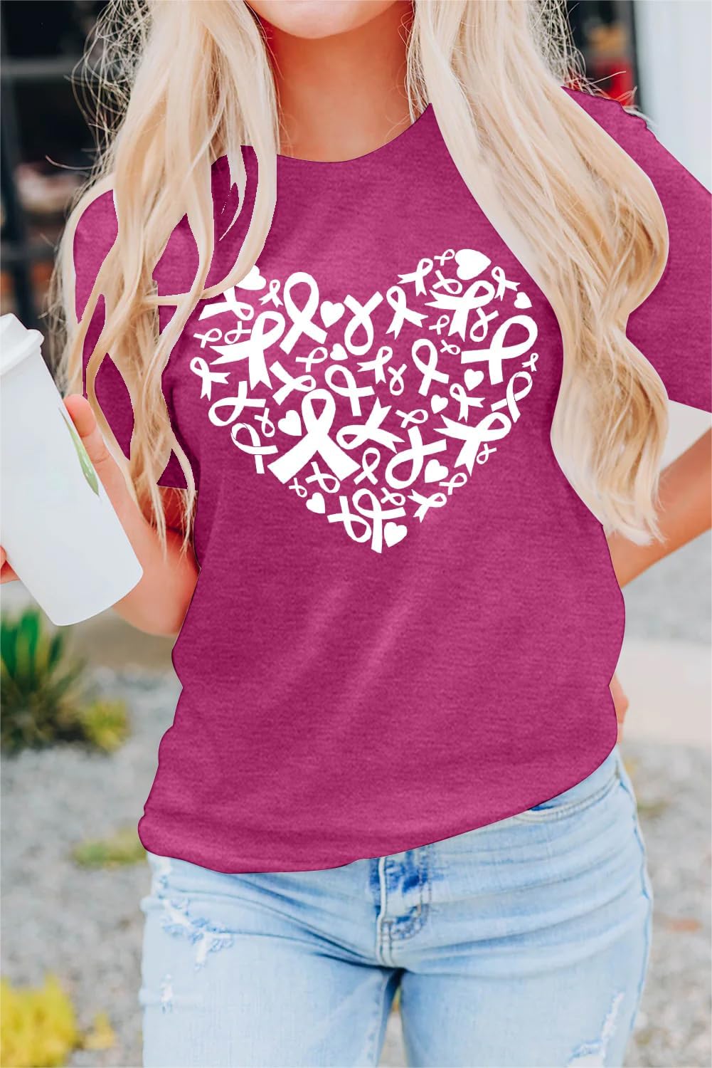 MAIHUN Womens Breast Cancer Shirts Heart Pink Ribbon Tshirt Cancer Awareness Tee Tops - Image 2