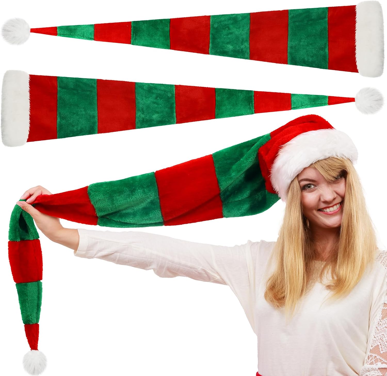 Geyoga 2 Pcs Christmas Extra Long Santa Hat Plush Elf