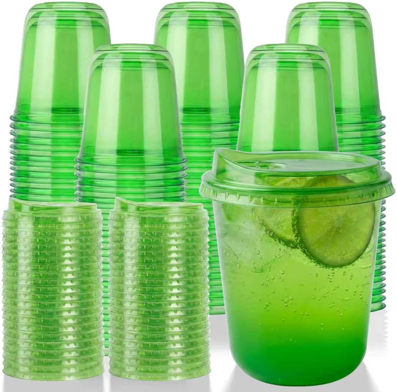 12oz Disposable Stemless Glasses With Strawless Sip Lids,PET Disposable Drinking Cups,Clear Plastic Wine Glasses for Parties Birthday,Wedding,Meeting,Christmas Party Supplies. (100, Green)