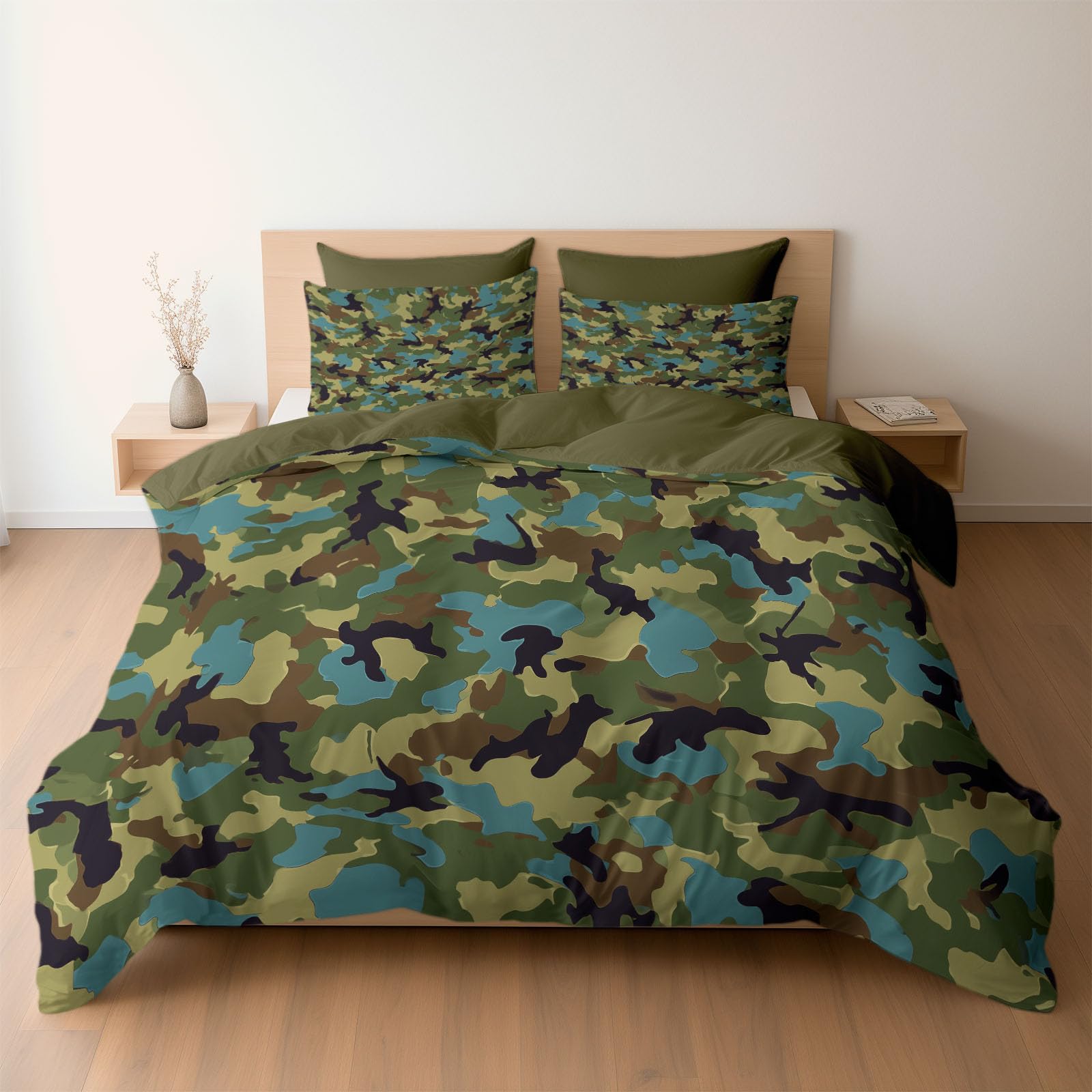 Soft Brushed Microfiber Cot-bed Bedding Set Duvet Covers with Zipper Closure & Corner Ties, Reversible Camouflage Army Green Pattern Pattern Quilt Covers, Olive