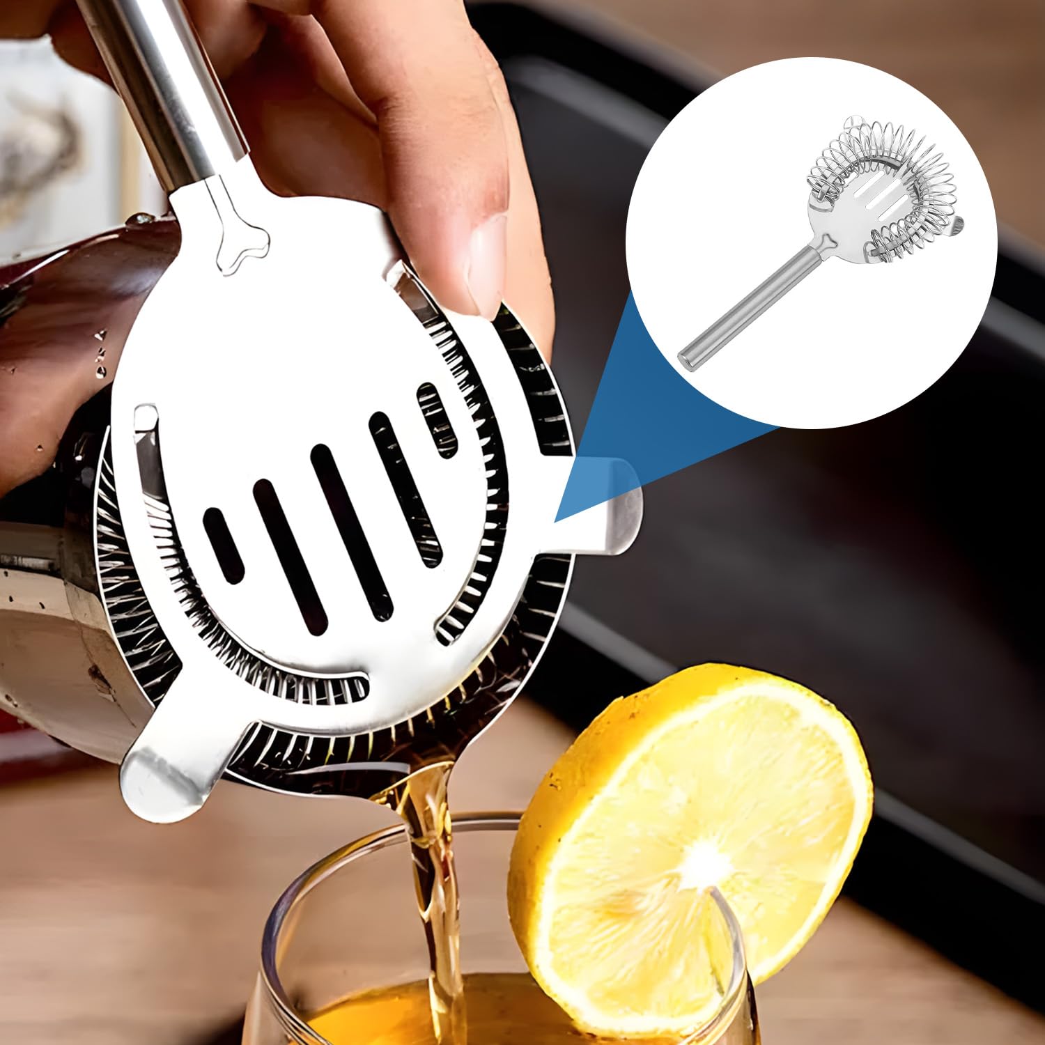 Colador de cóctel de 2 piezas, malla fina y colador de mango, acero inoxidable plateado, 7.4 pulgadas
