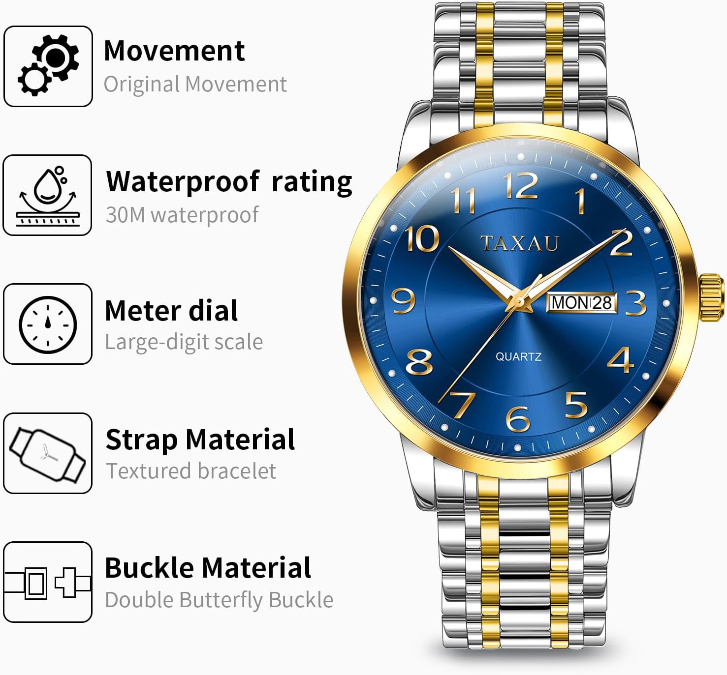 Men’s Dress Watches Waterproof Analog Quartz Watch with Day Date Stainless Steel Band Luxury Large Arabic Numerals Classic Luminous Hands Easy Read, Hidden Butterfly Clasp Relojes para Hombres - Image 8