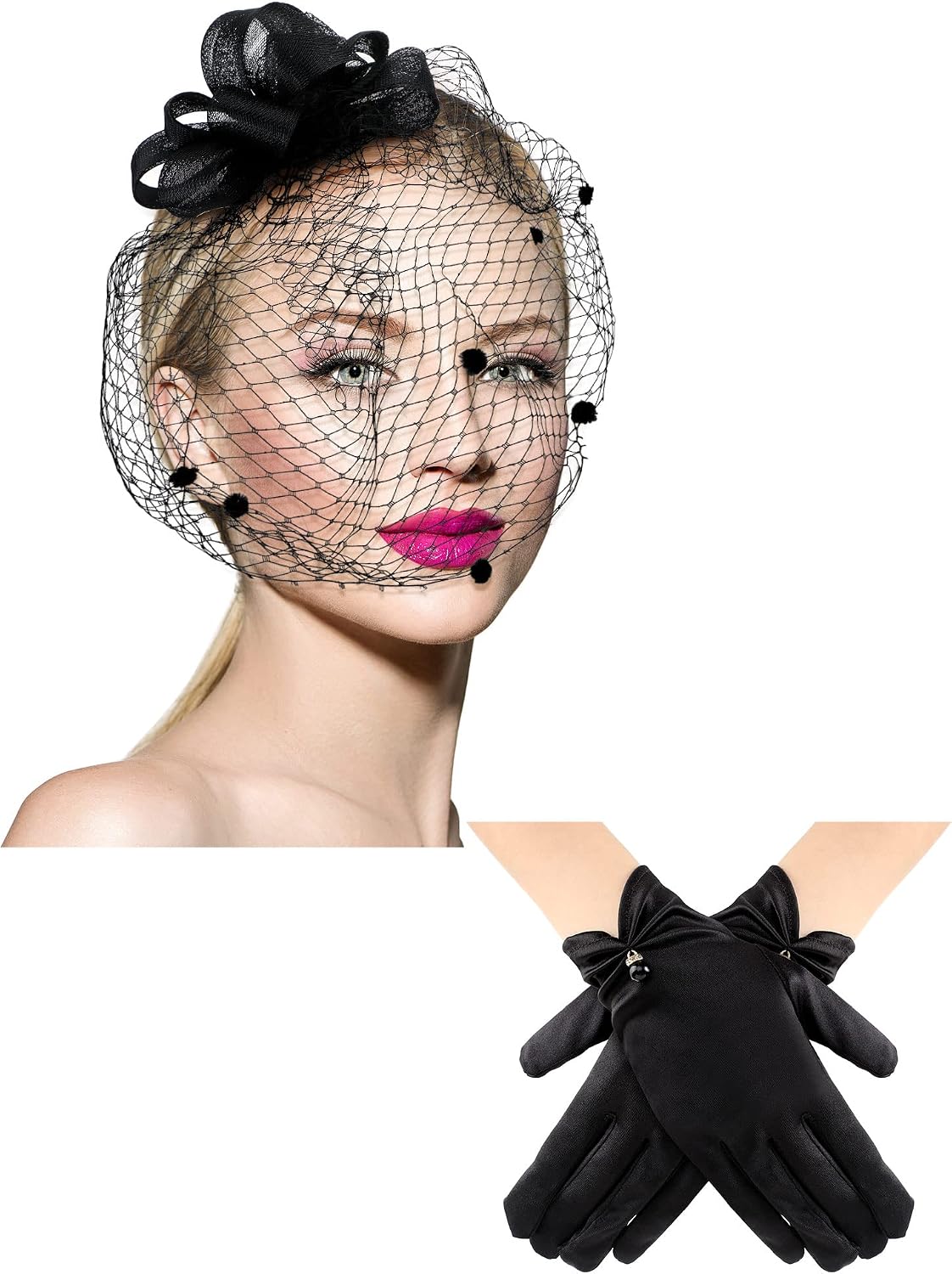 50s Fascinator Hat for Women Funeral Veil Hat Pillbox Cocktail Tea Party Headpiece and Lace Glove
