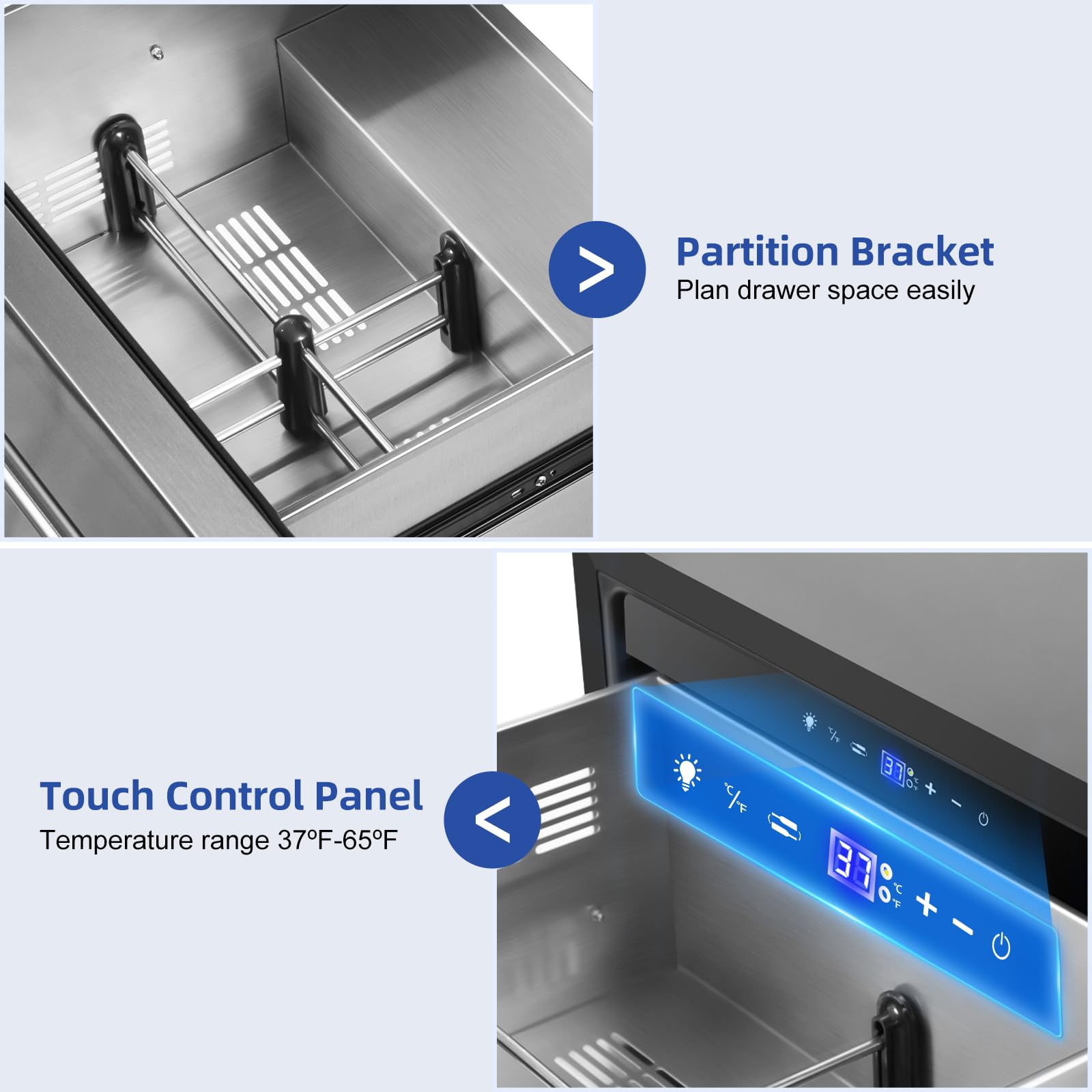 Tylza 24 Inch Under Counter Drawer Fridge, Built-in Beverage Refrigerator for Home and Commercial Use, Stainless Steel Door, Fast Cooling, Low Noise, 37-65 °F on Fridge.com