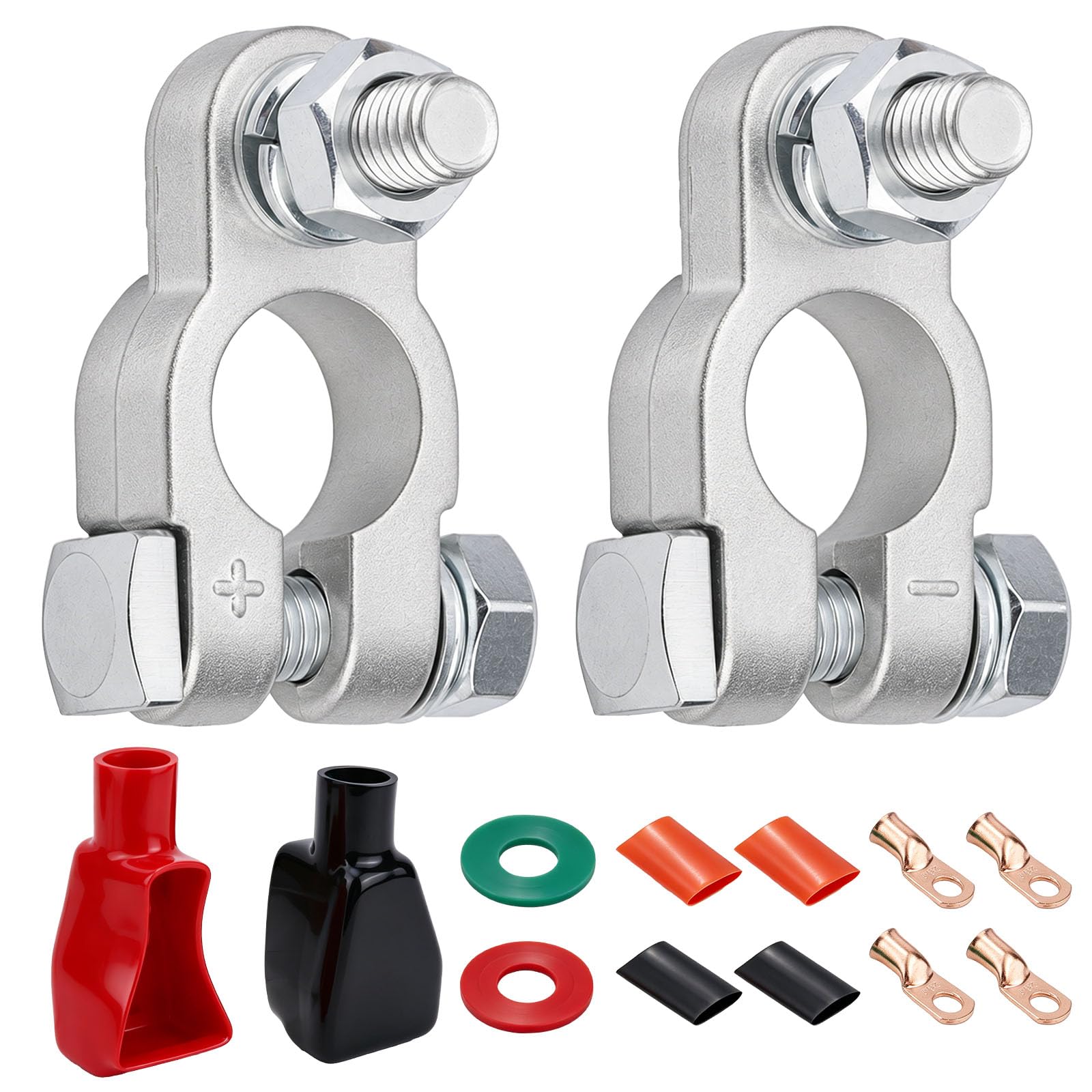 Battery Terminal Connectors Kit, Includes 2 Heavy Duty Marine Positive Negative Terminals 2 Terminal Covers 2 Washers 4 Heatshrink Tubes & 4 Lugs for Car Truck RV Boat Easy Installation