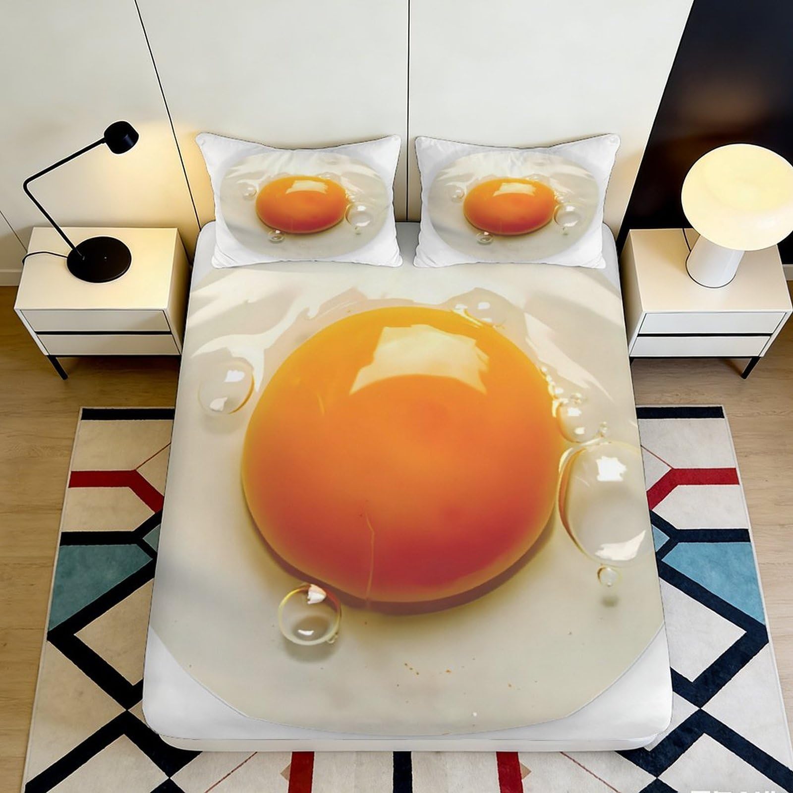 3D Printed Fried Egg Fitted Sheet Microfiber Soft Breathable Pancake Mattress Cover for Bedroom Dorm Decor 90x200x25cm