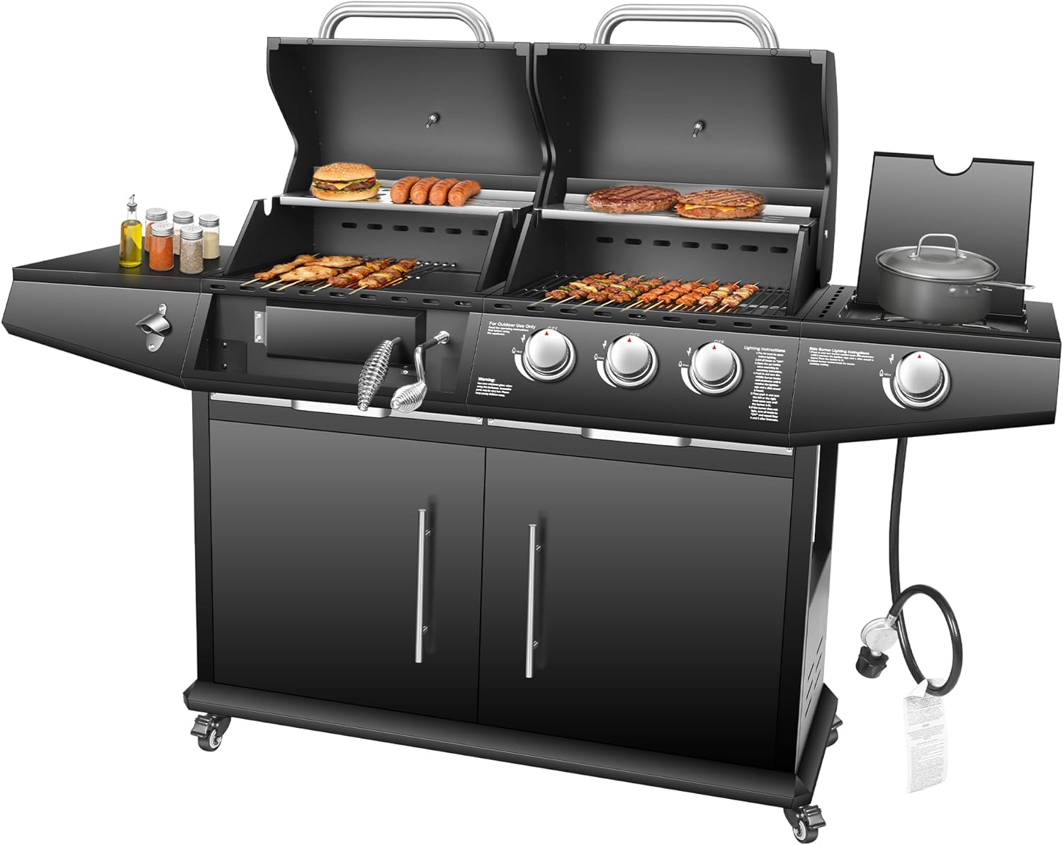 Dual Fuel Grill Combo Propane Gas & Charcoal Grill with Side Burner, 3+1 Burners 40,000 BTU Total, 713.5 Sq In Cooking Area, Adjustable Charcoal Tray & Stainless Steel Cabinet