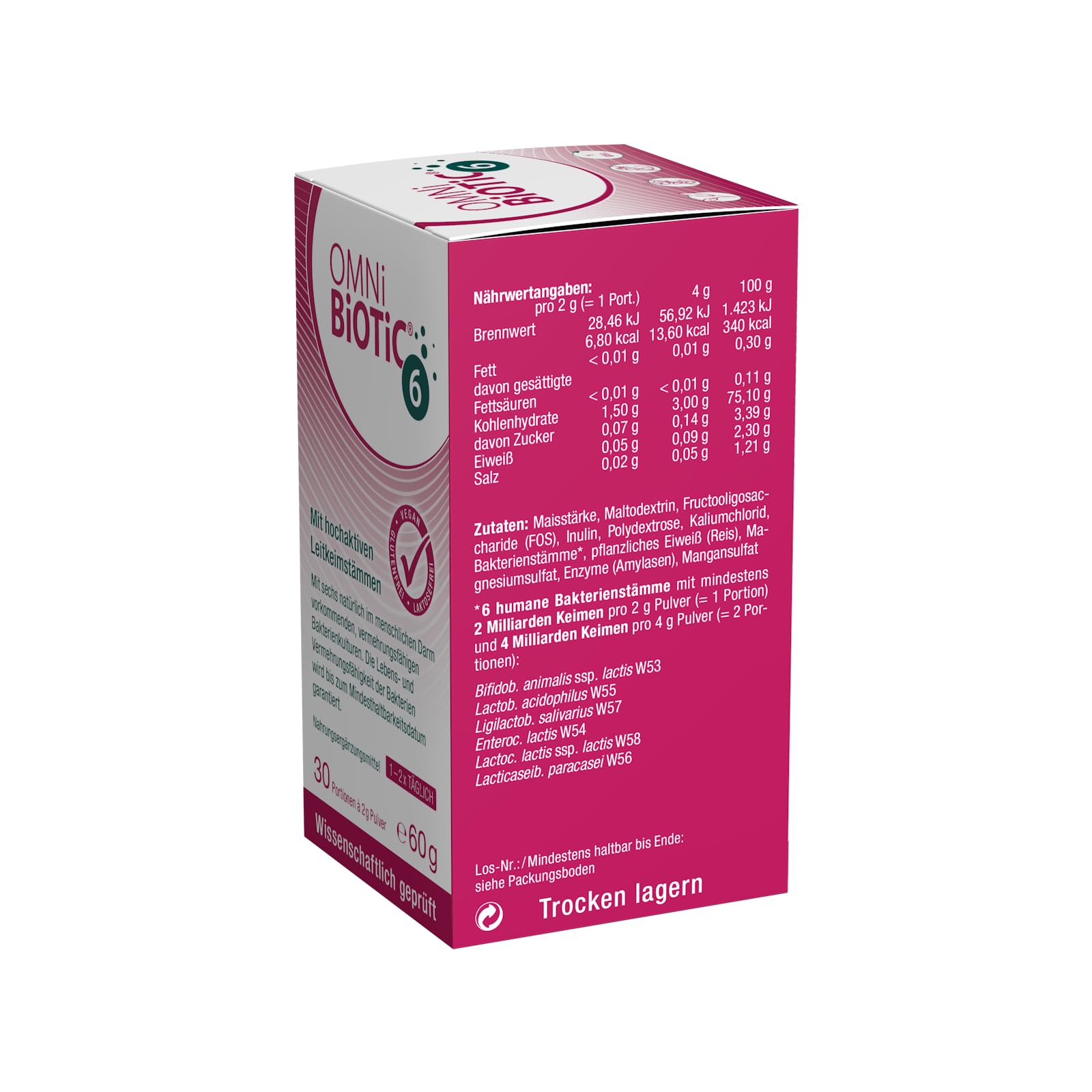 OMNi BiOTiC 6 | El compañero diario para una buena sensación abdominal | Adecuado para todos los días y todas las edades | 30 porciones (60 g) | 6 cepas de bacterias | Polvo | Con inulina | Vegano |