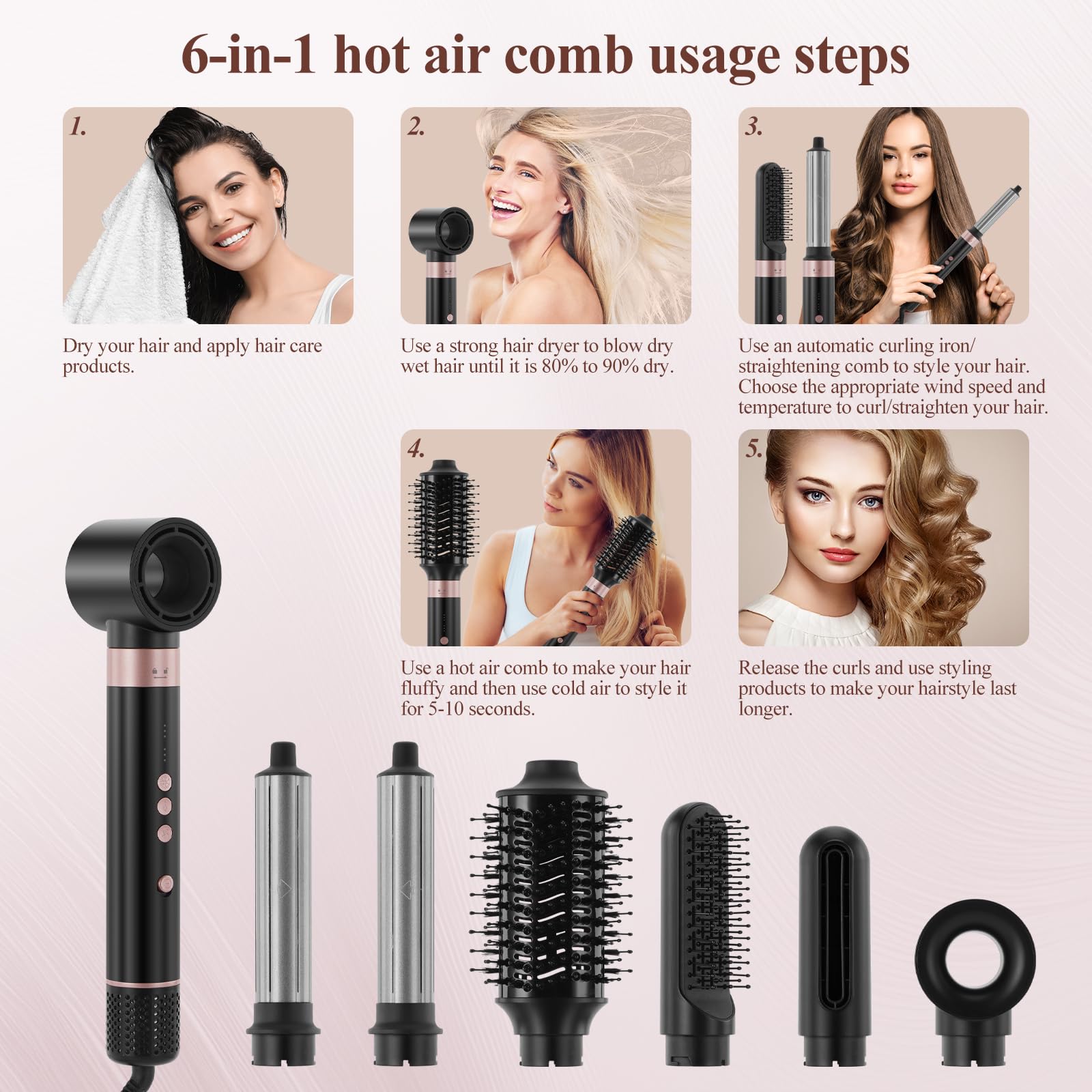 BESTBOMG Air Styler 6 In 1 Hair Styler, Sèche Cheveux, Boucleur a Air 110000 PRM, Brosse Chauffante Brushing, Air Fer A Boucler, Fer à Friser Automatique, Brosse à Lisser les Cheveux