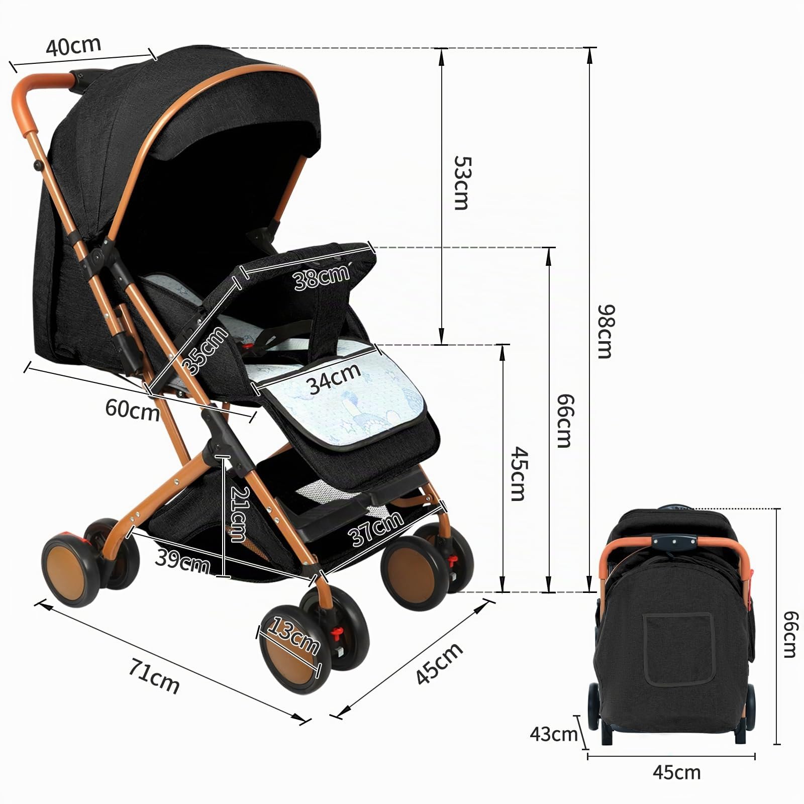 Poussette 3 en 1 jusqu'à 10 kg avec fonction allongée, petite poussette pliable avec accessoires, roues en mousse EVA, moustiquaire, porte-gobelet, panier (noir)