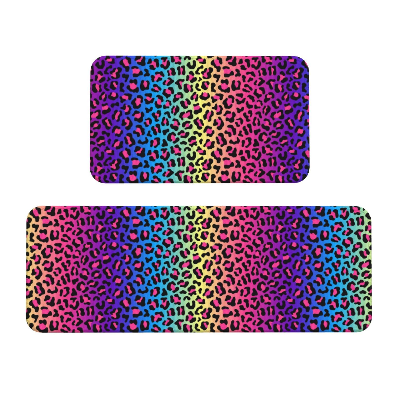 GVYGVY Antifatigue Kitchen Mats for Floor 2 Piece - Leopard Neon Rainbow Print Kitchen Rugs Washable, Non Slip Runner Rug Standing Mat for Office/Bathroom/Laundry/Home Decor and Accessories