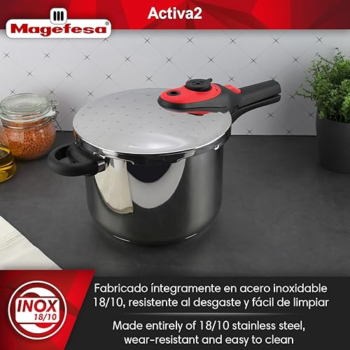 Miniatura 3 de Magefesa Activa2 - Olla a presión de acero inoxidable de 5.3 cuartos de galón, 2 programas de cocción, funciona en todas las estufas, mango rojo