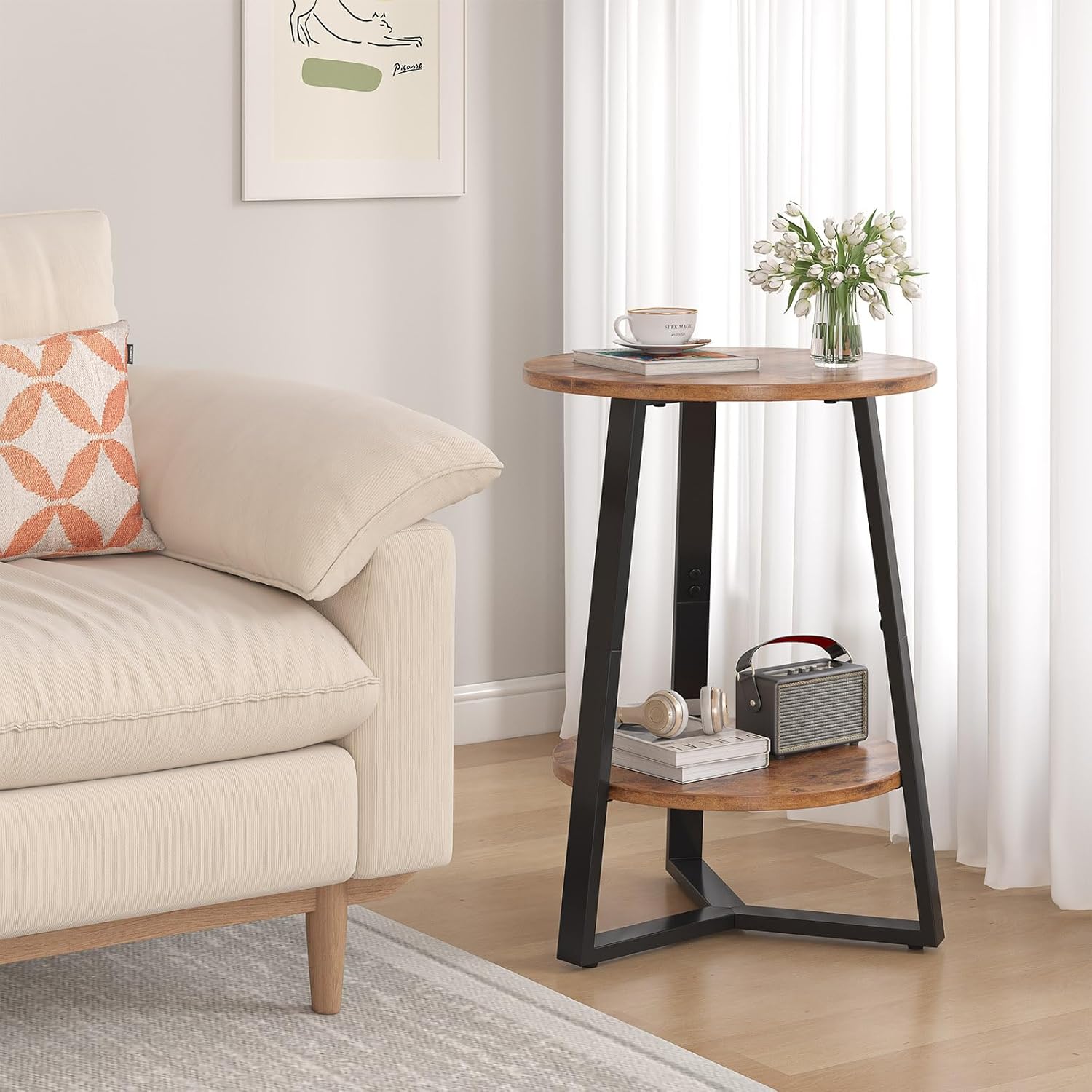 Small Round End Table Set of 2,2 Tier Side Table Set 2 with Storage Shlef,Coffee Table Wooden Tabletop & Metal Frame,Accent Table Small Nightstands Couch Tables Livingroom Bedroom,Rustic Brown